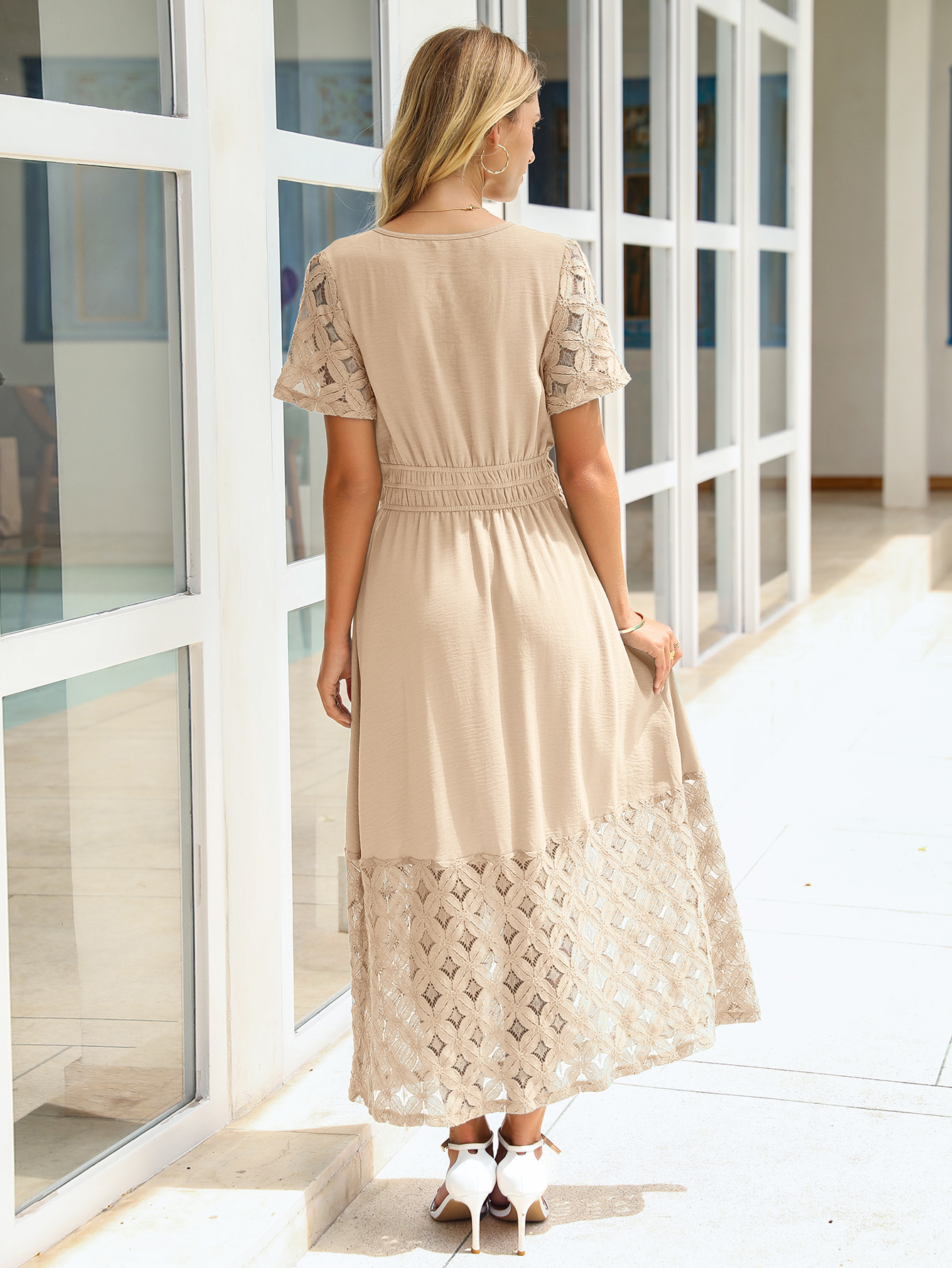 Lace Boho V Neck Short Sleeve Tiered Maxi Dress