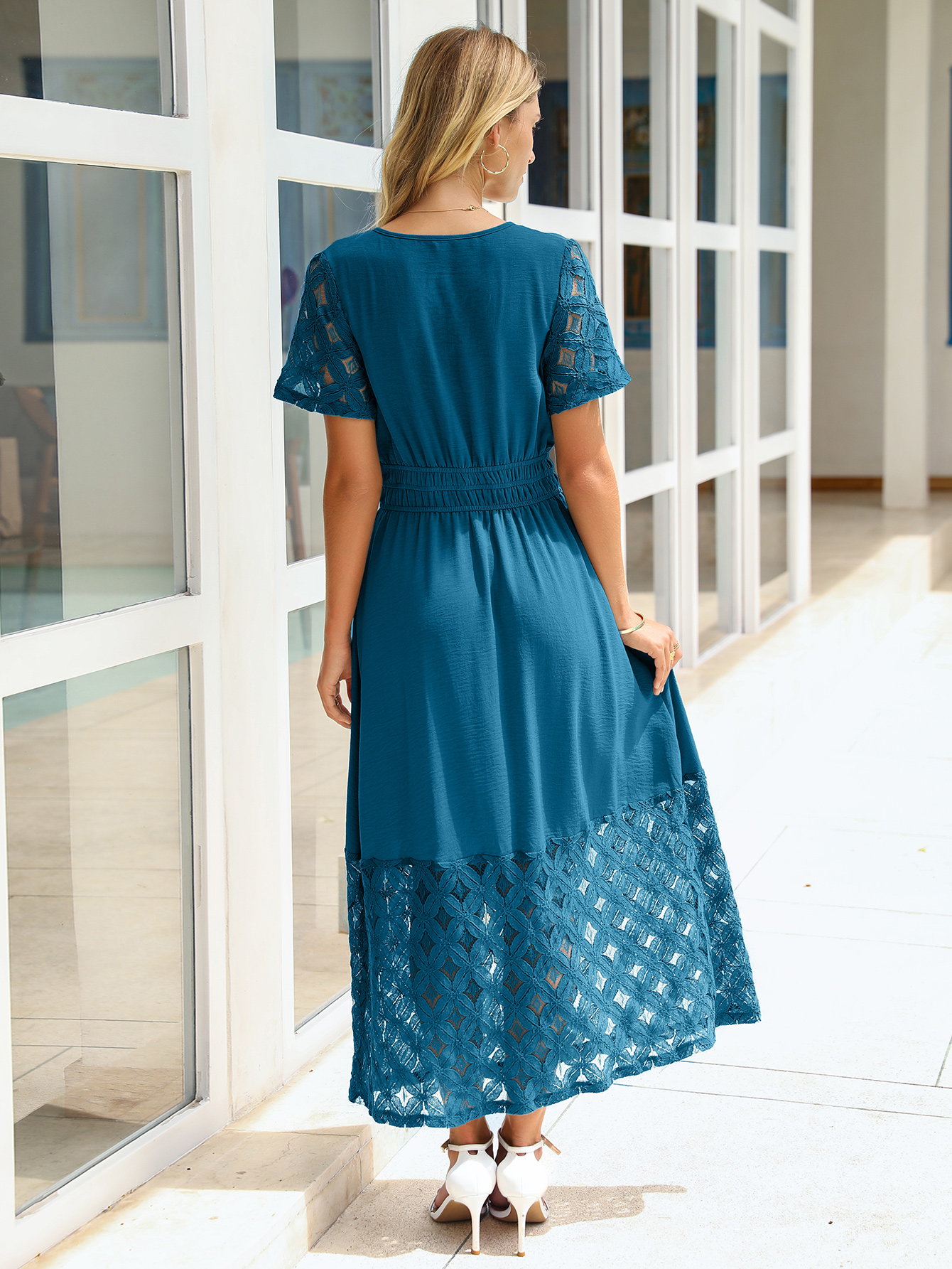 Lace Boho V Neck Short Sleeve Tiered Maxi Dress