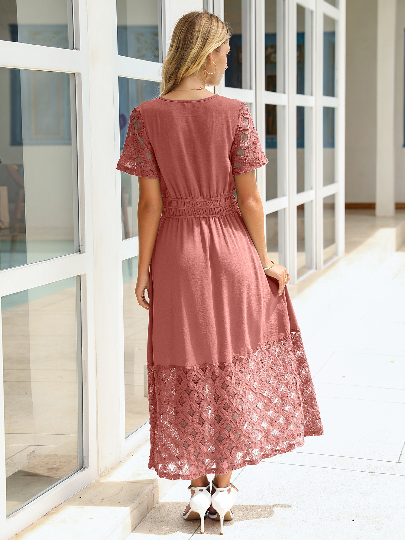 Lace Boho V Neck Short Sleeve Tiered Maxi Dress