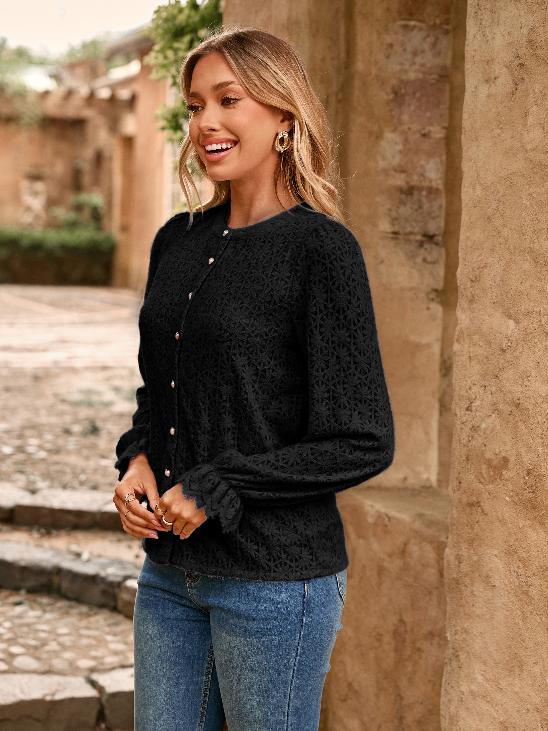 Lace Hollow Out Button Down Dressy Blouses