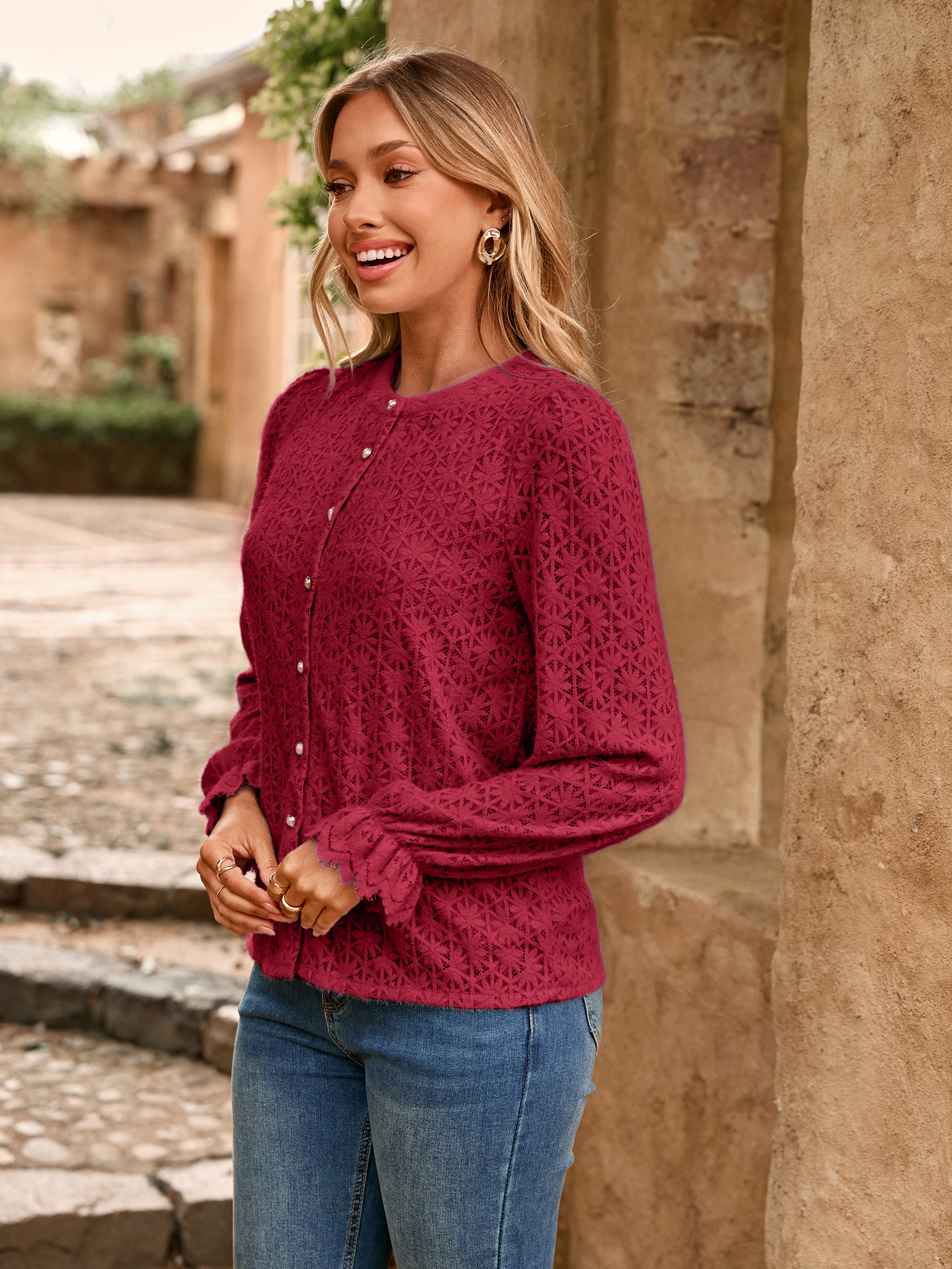 Lace Hollow Out Button Down Dressy Blouses