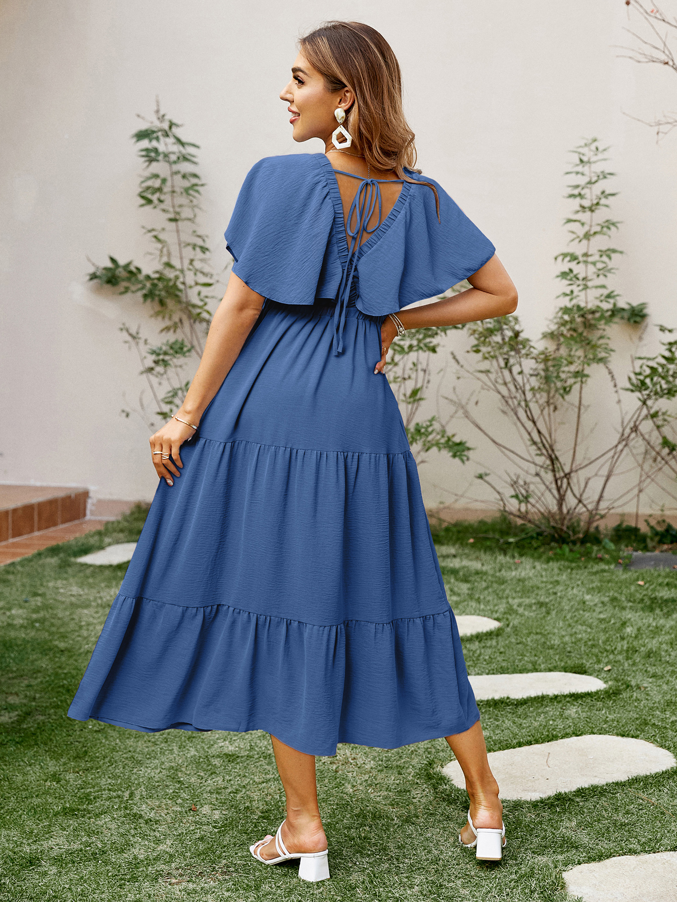 Solid Color Tiered V-Neck Ruffle Sleeve Maxi Dress