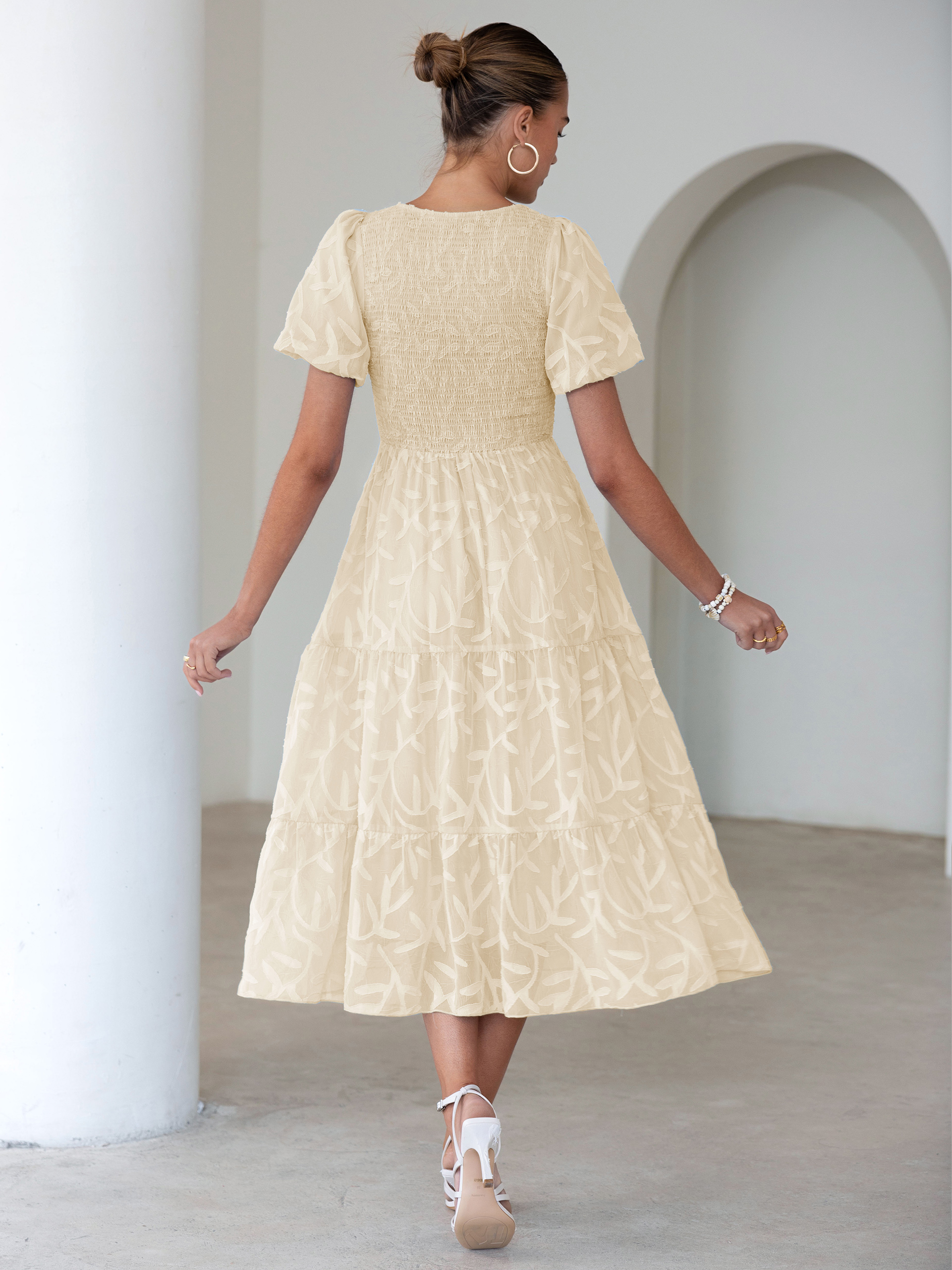 Puff Sleeve A Line Tiered Chiffon Maxi Dress