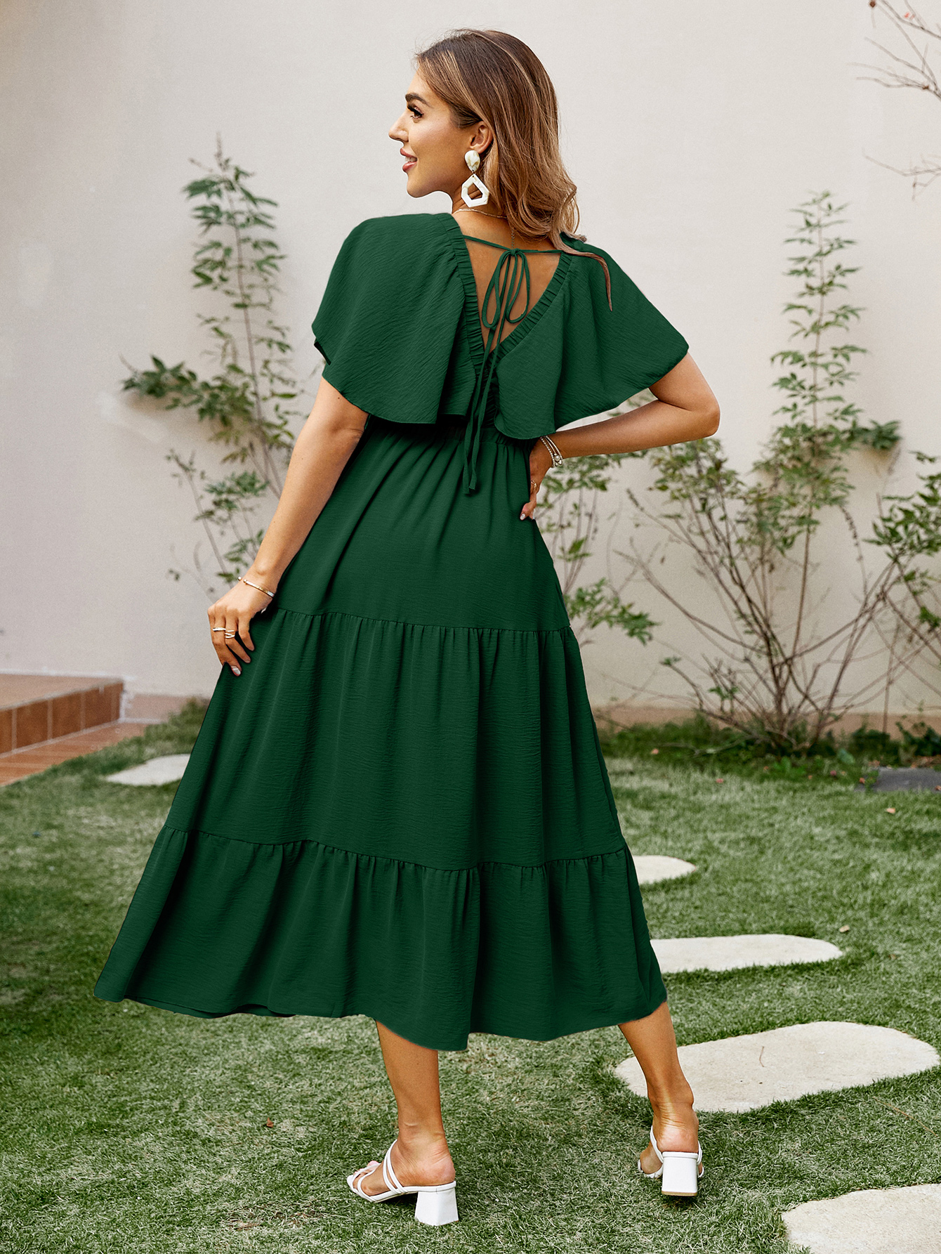 Solid Color Tiered V-Neck Ruffle Sleeve Maxi Dress