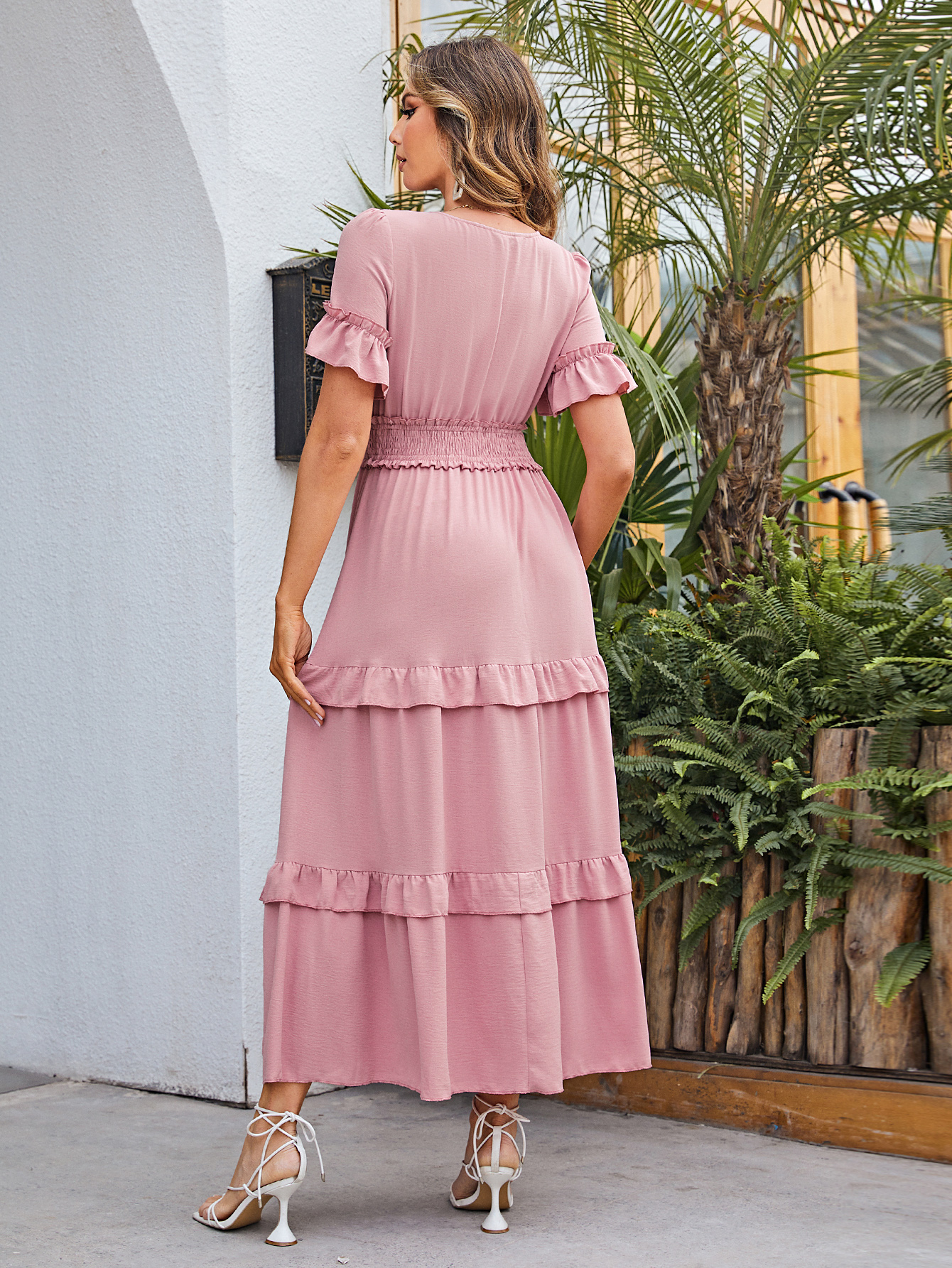 Short Sleeve Tiered Ruffle Smocked V-Neck Maxi Dress