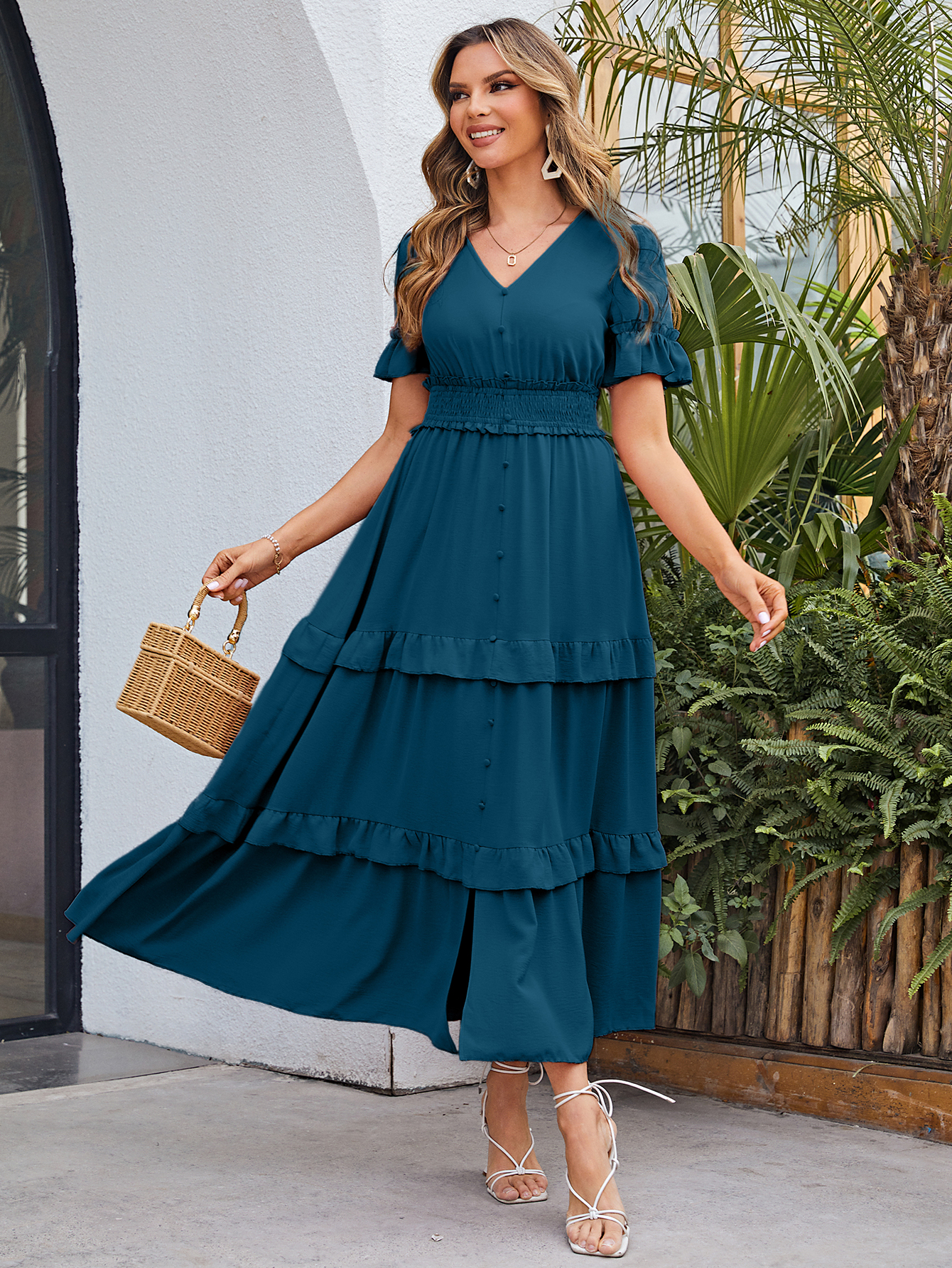 Short Sleeve Tiered Ruffle Smocked V-Neck Maxi Dress - Lake Blue