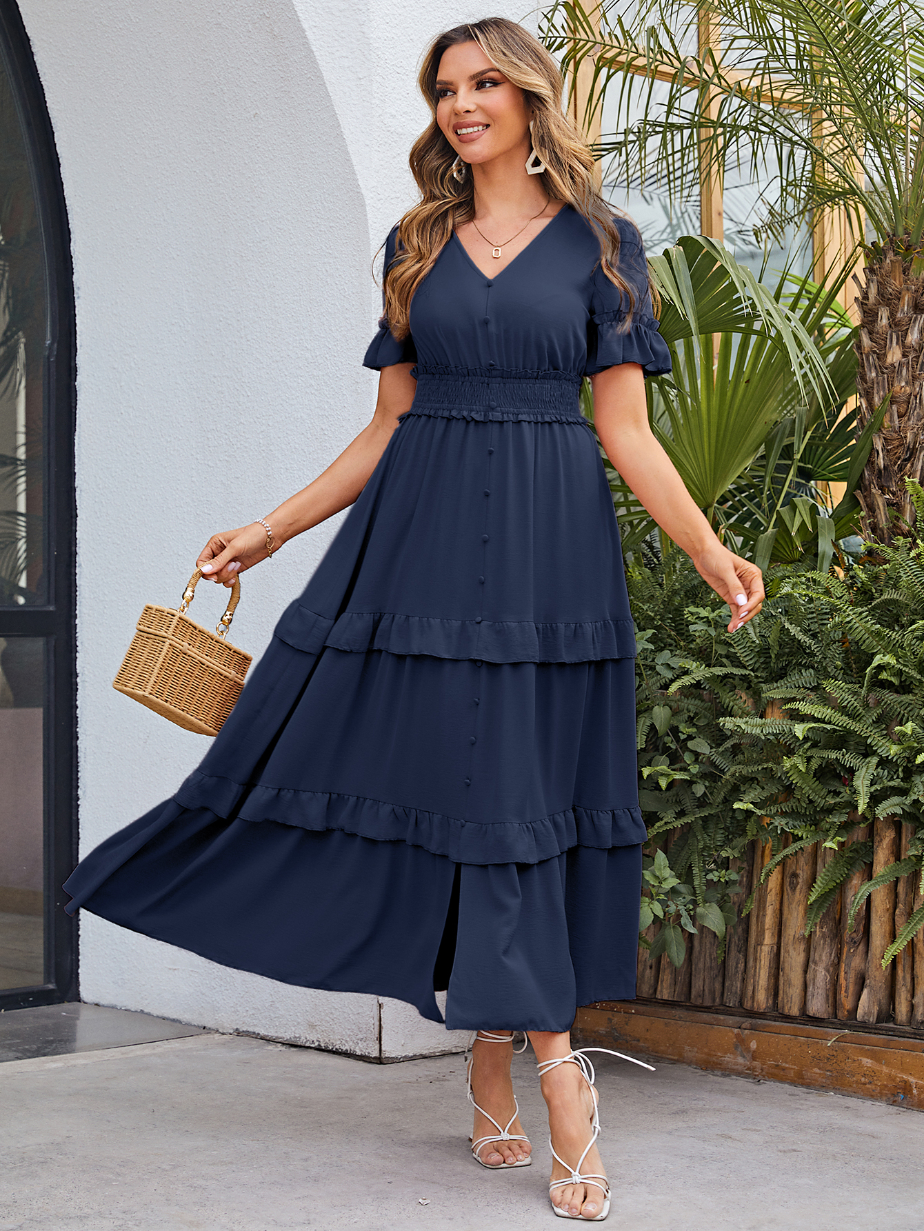 Short Sleeve Tiered Ruffle Smocked V-Neck Maxi Dress - Navy Blue