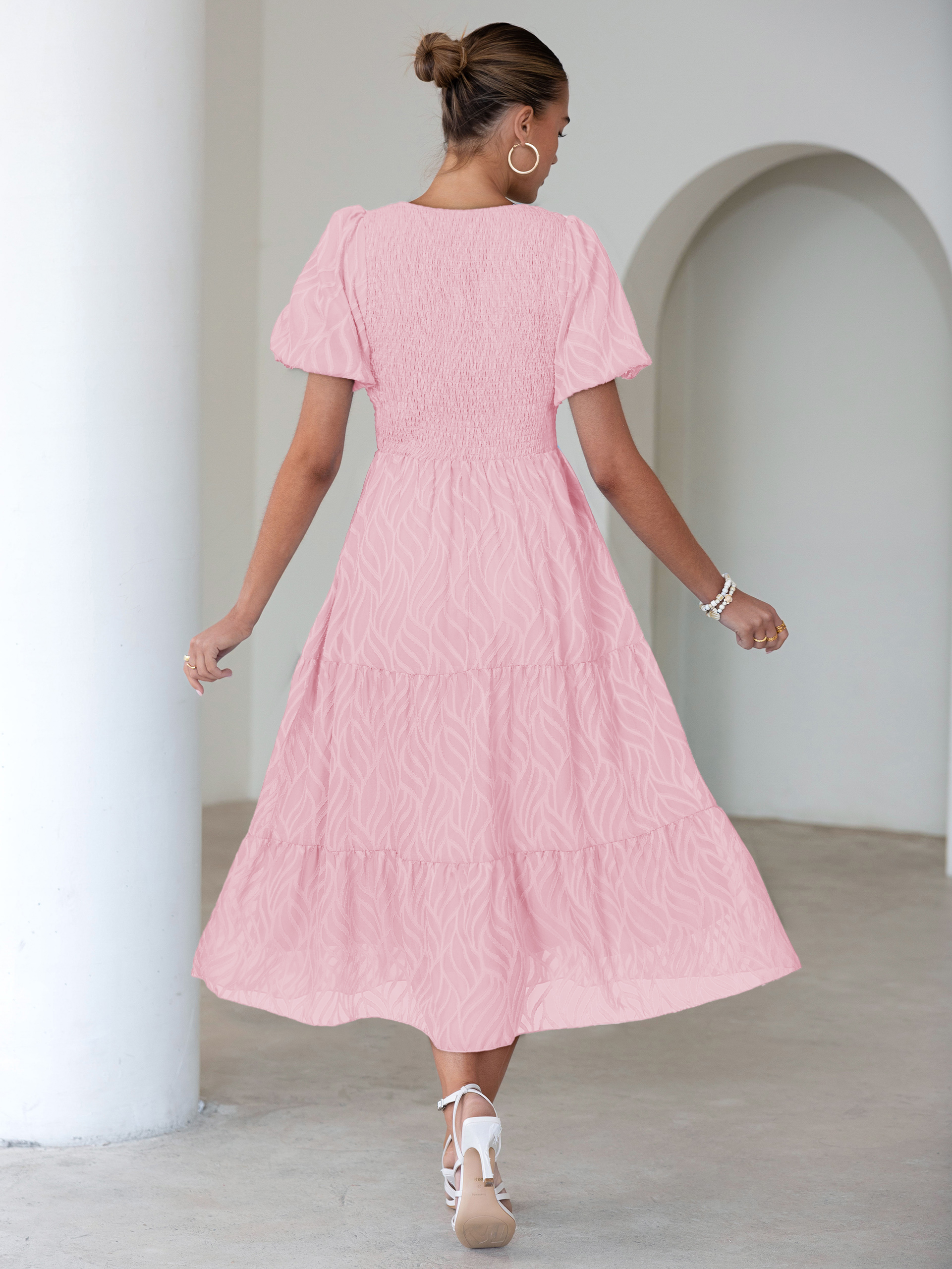 Puff Sleeve A Line Tiered Chiffon Maxi Dress