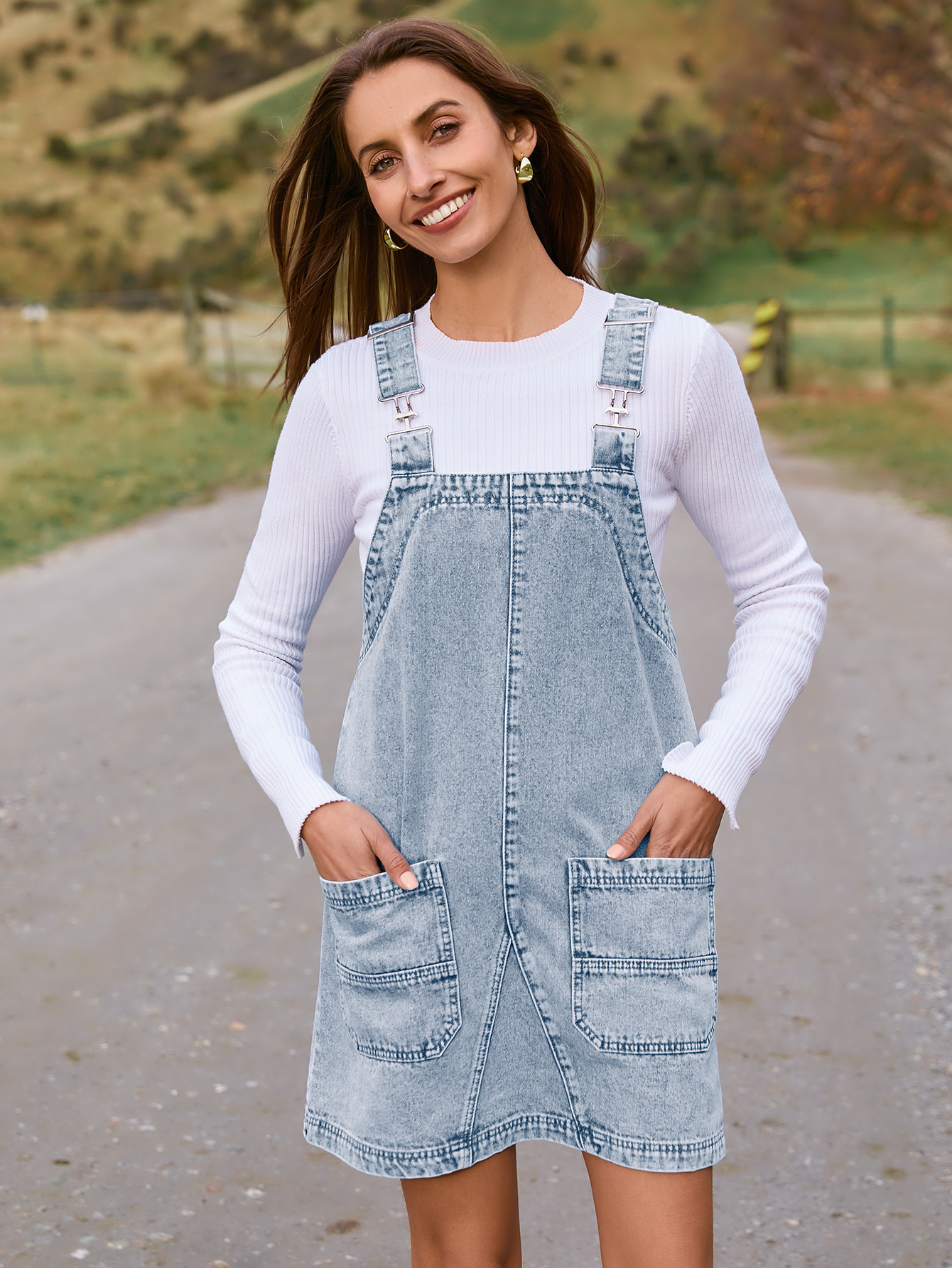 Denim Overall Jumper Dress with Pockets