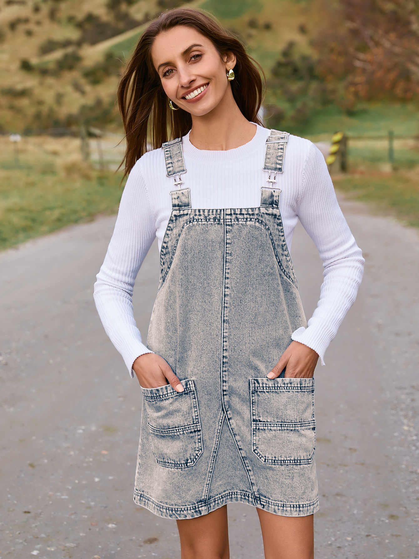 Denim Overall Jumper Dress with Pockets