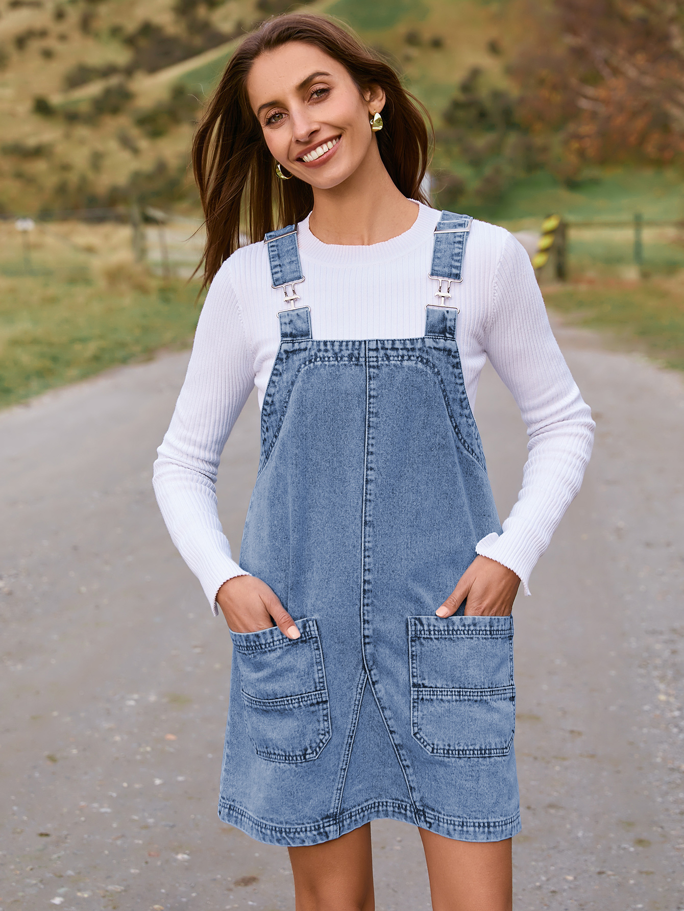 Denim Overall Jumper Dress with Pockets