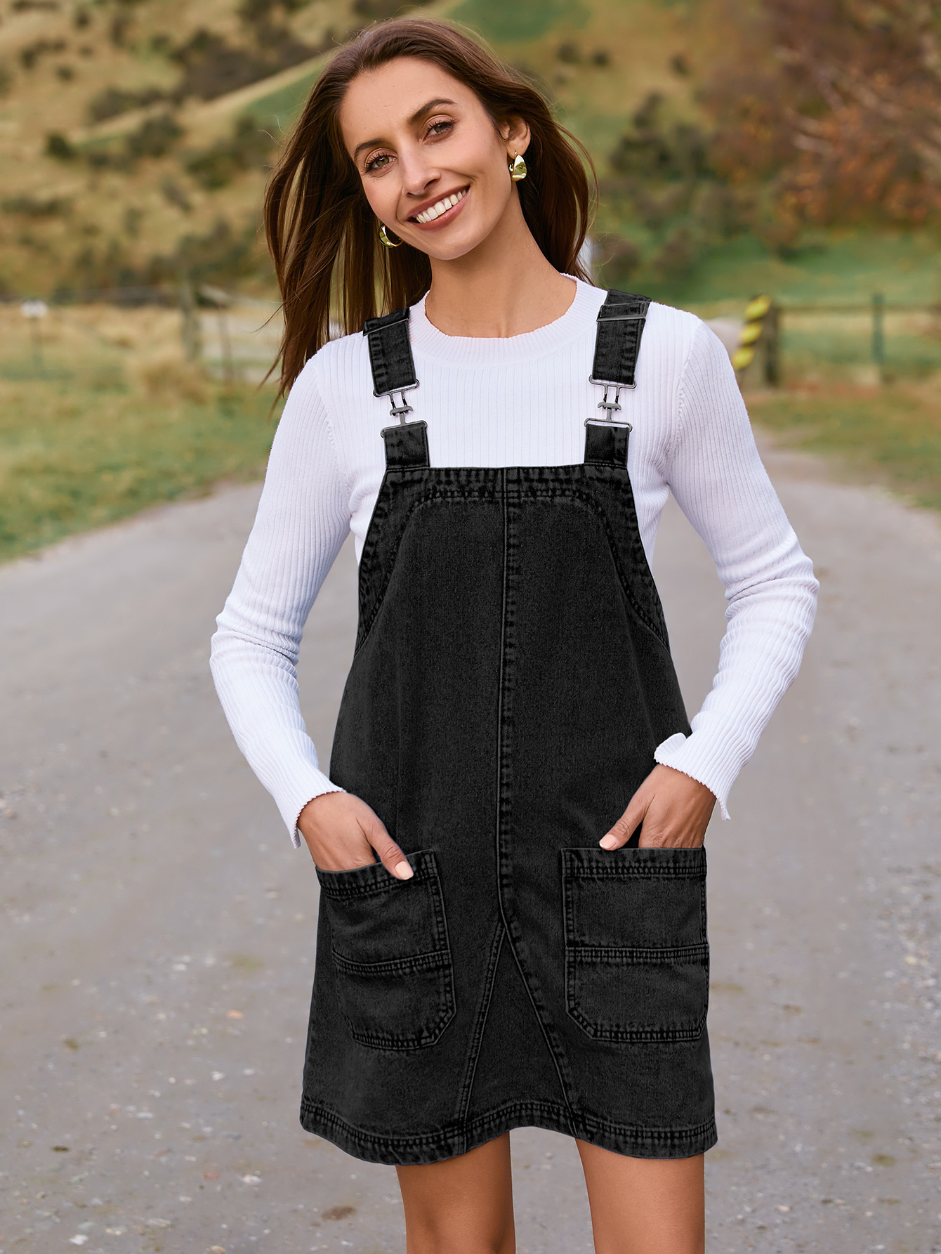 Denim Overall Jumper Dress with Pockets