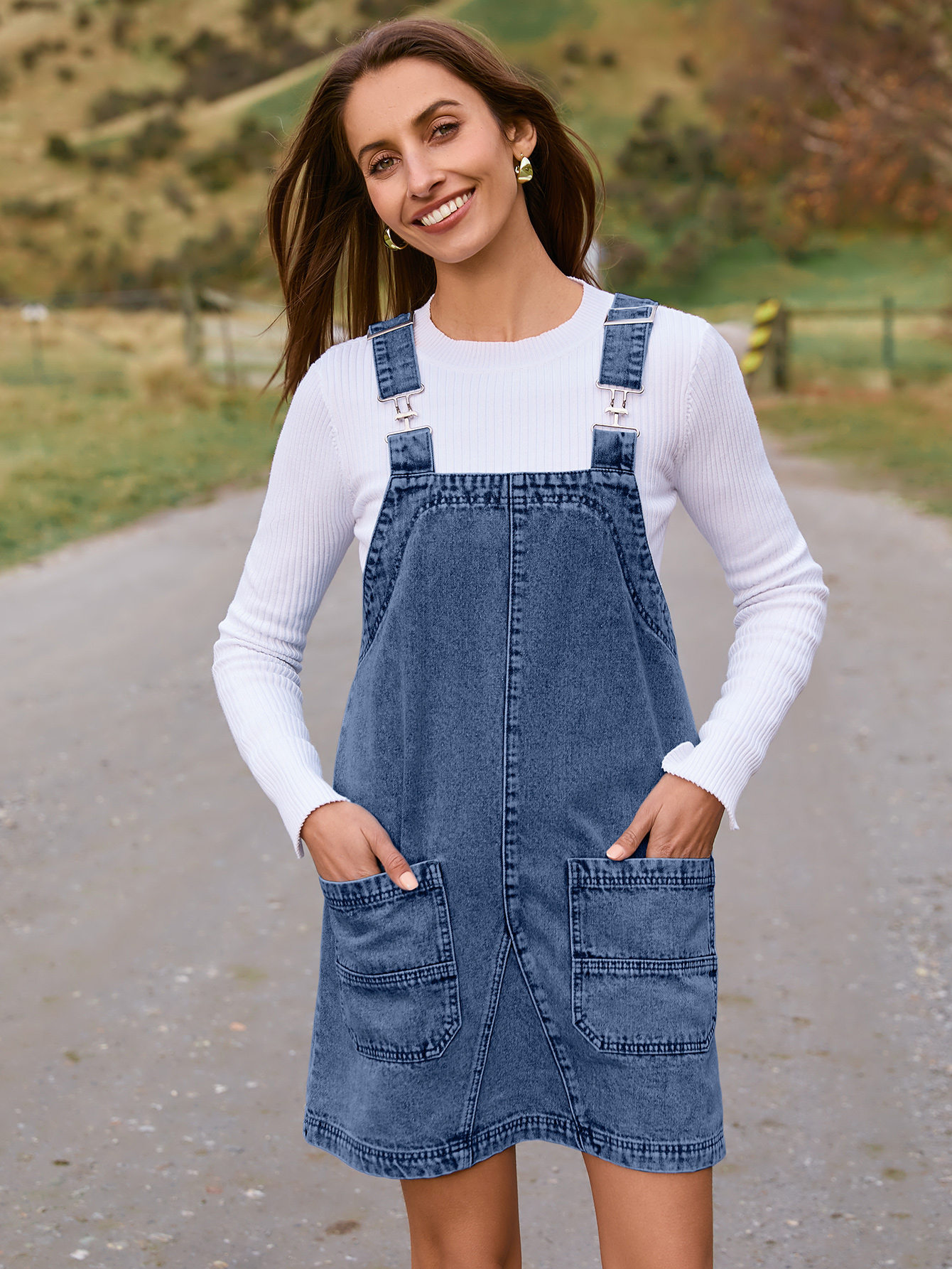 Denim Overall Jumper Dress with Pockets