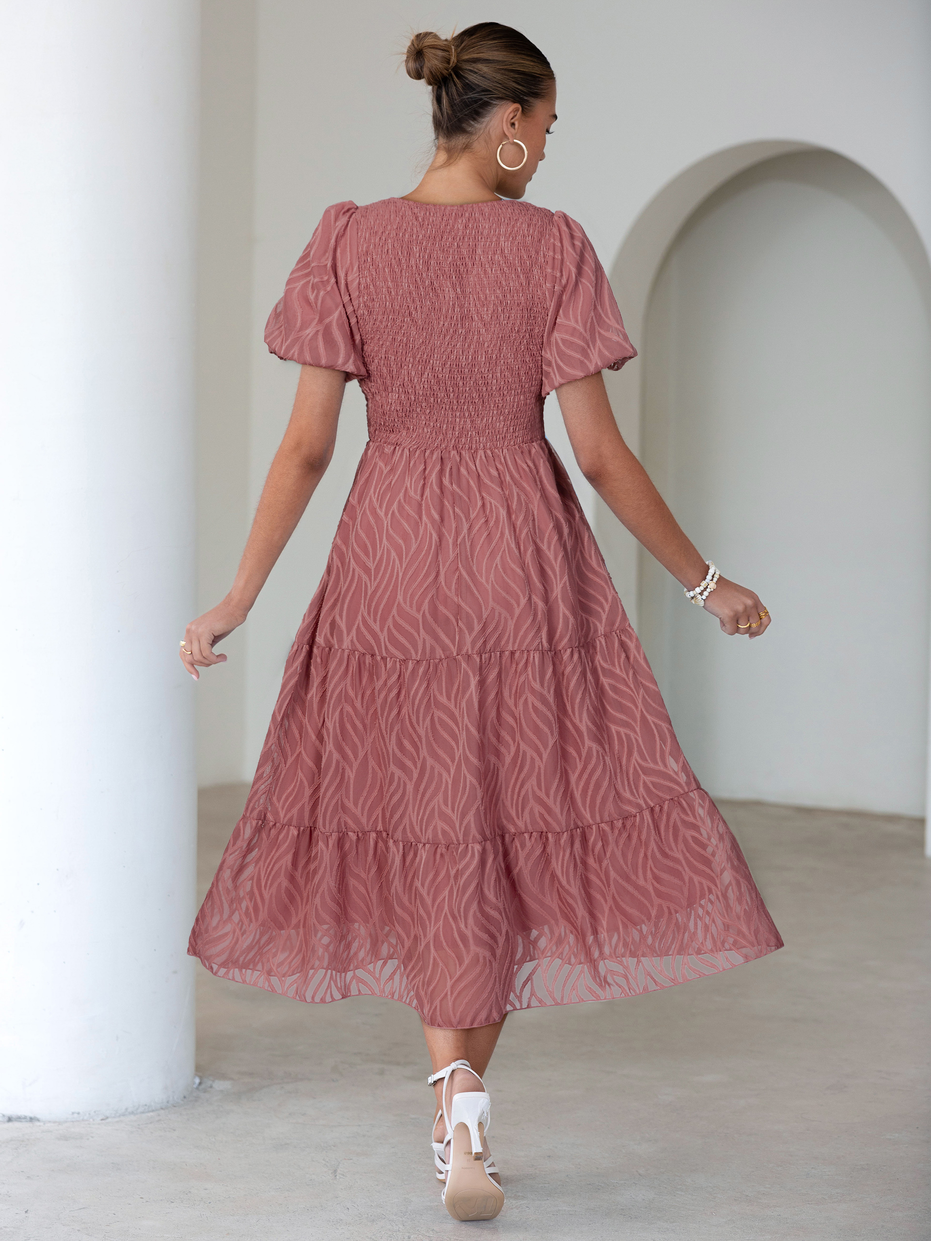 Puff Sleeve A Line Tiered Chiffon Maxi Dress