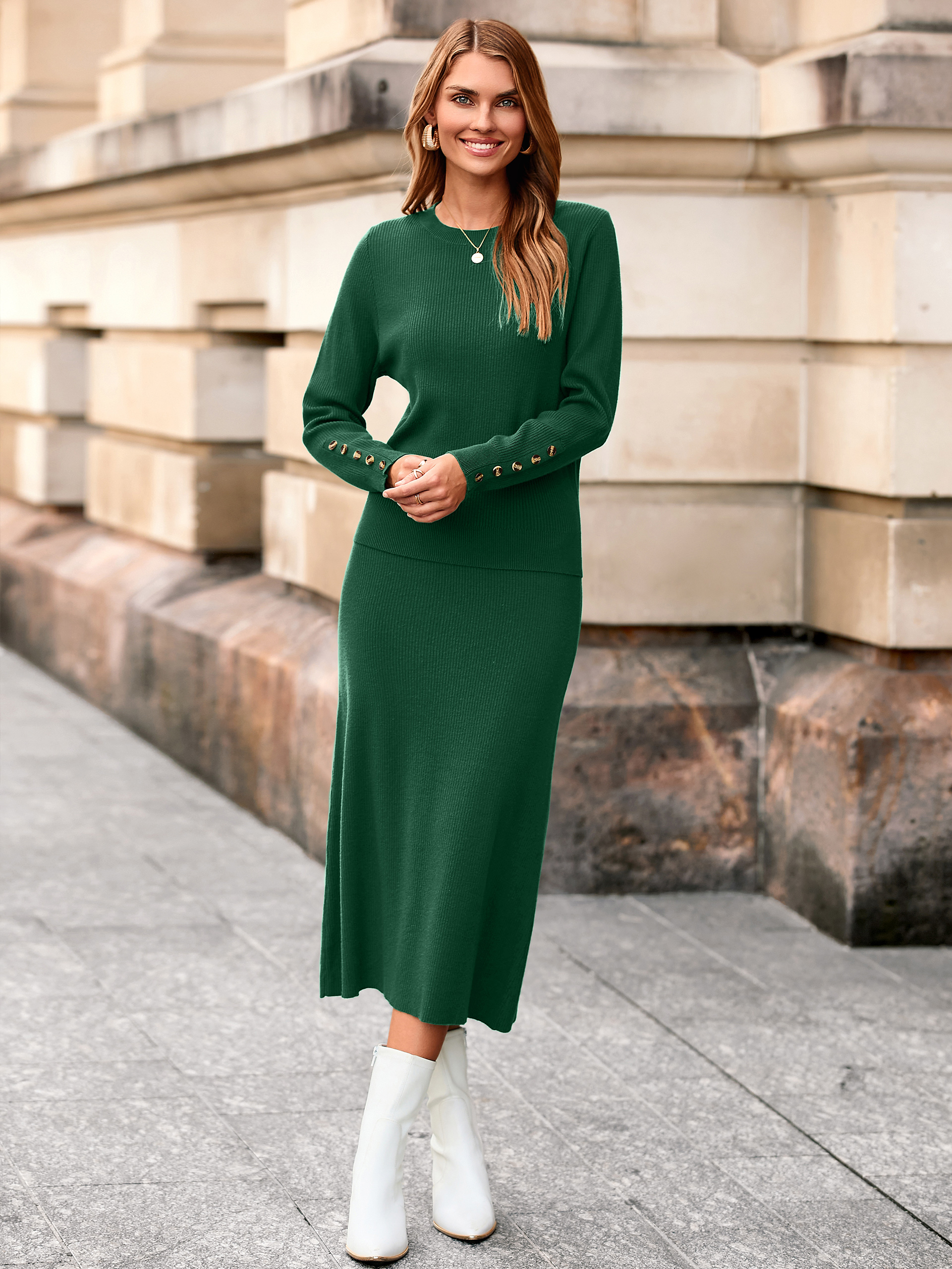 Ribbed Knit Crewneck Sweater Midi Skirt Set