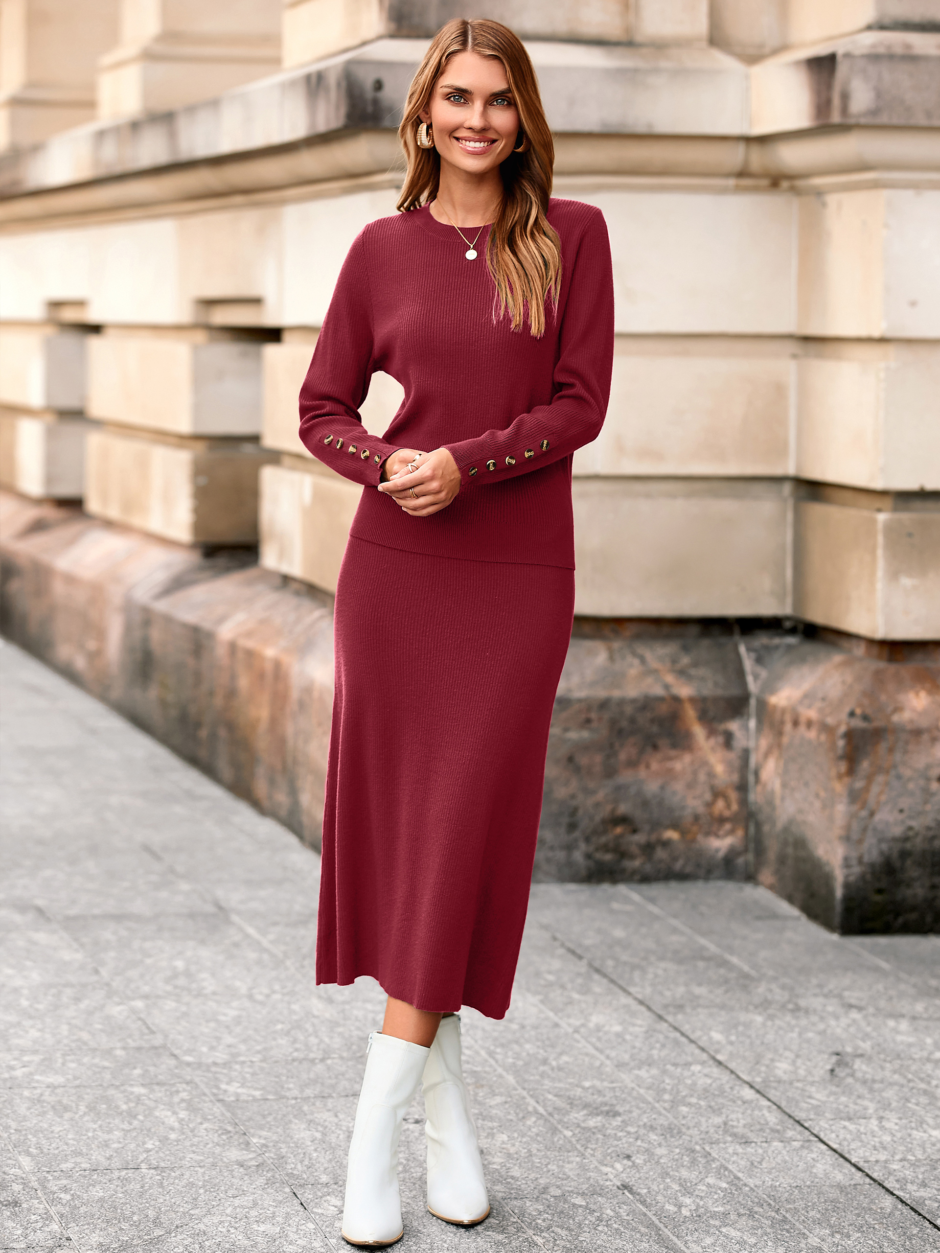 Ribbed Knit Crewneck Sweater Midi Skirt Set