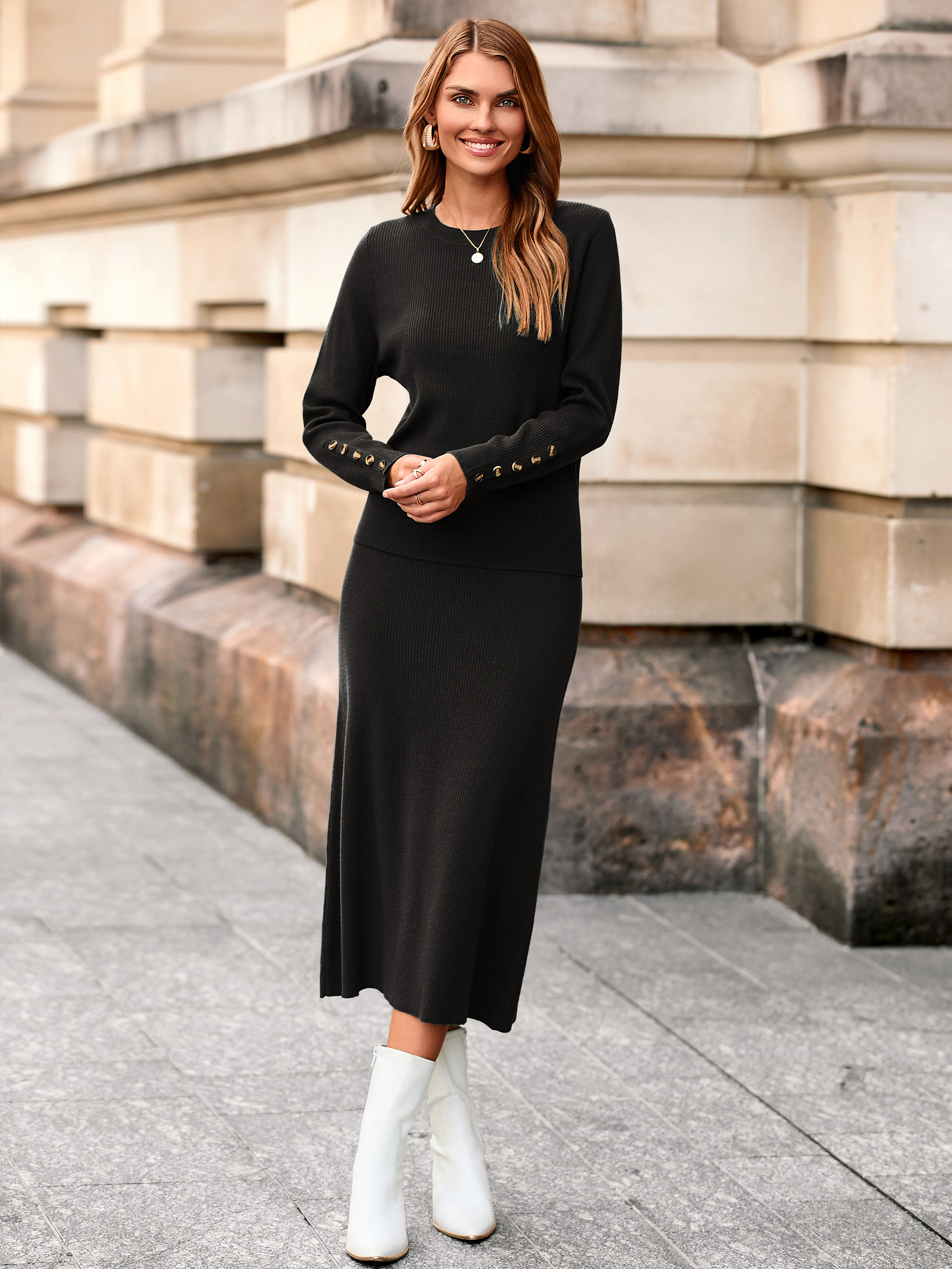 Ribbed Knit Crewneck Sweater Midi Skirt Set