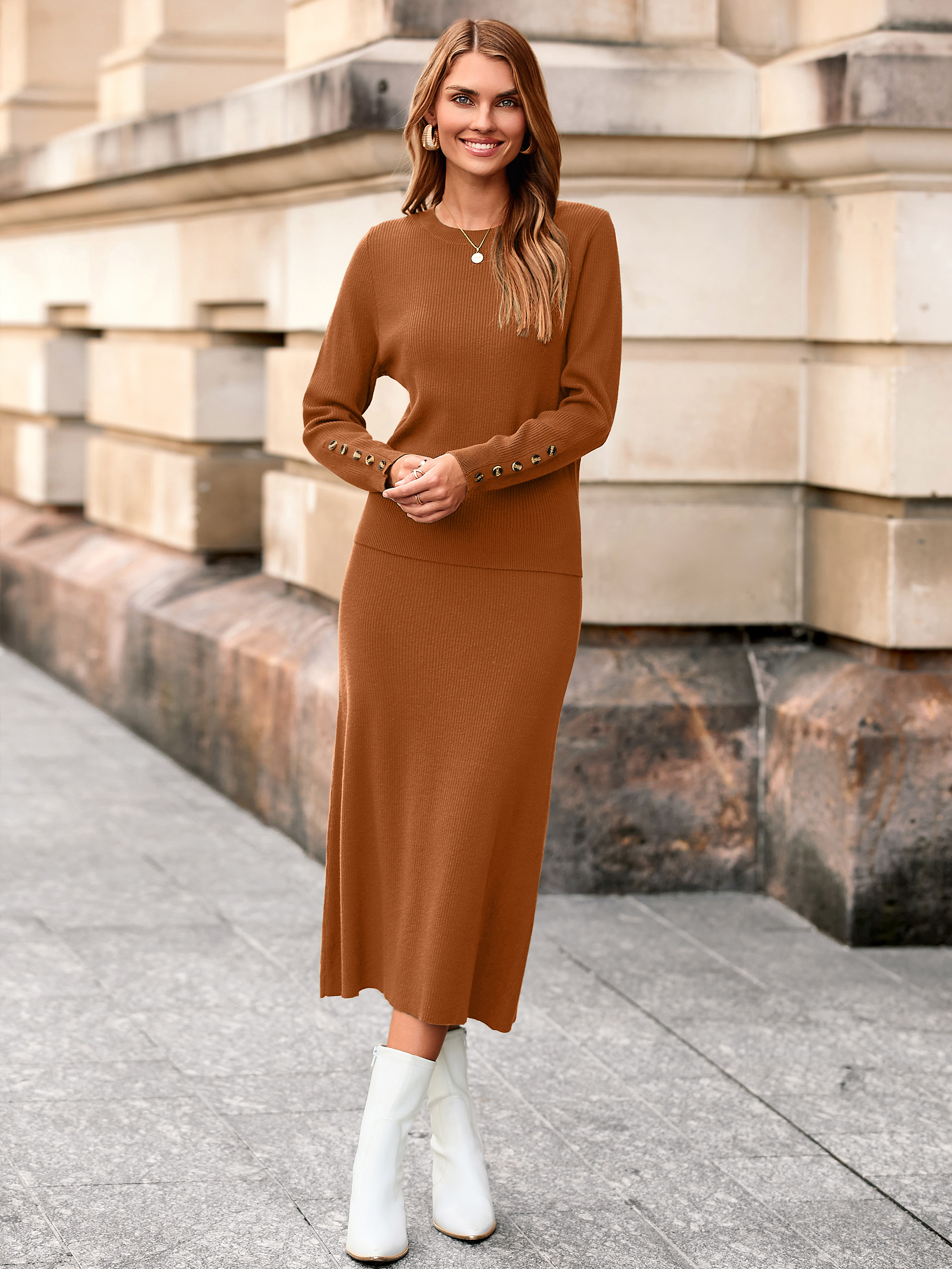 Ribbed Knit Crewneck Sweater Midi Skirt Set