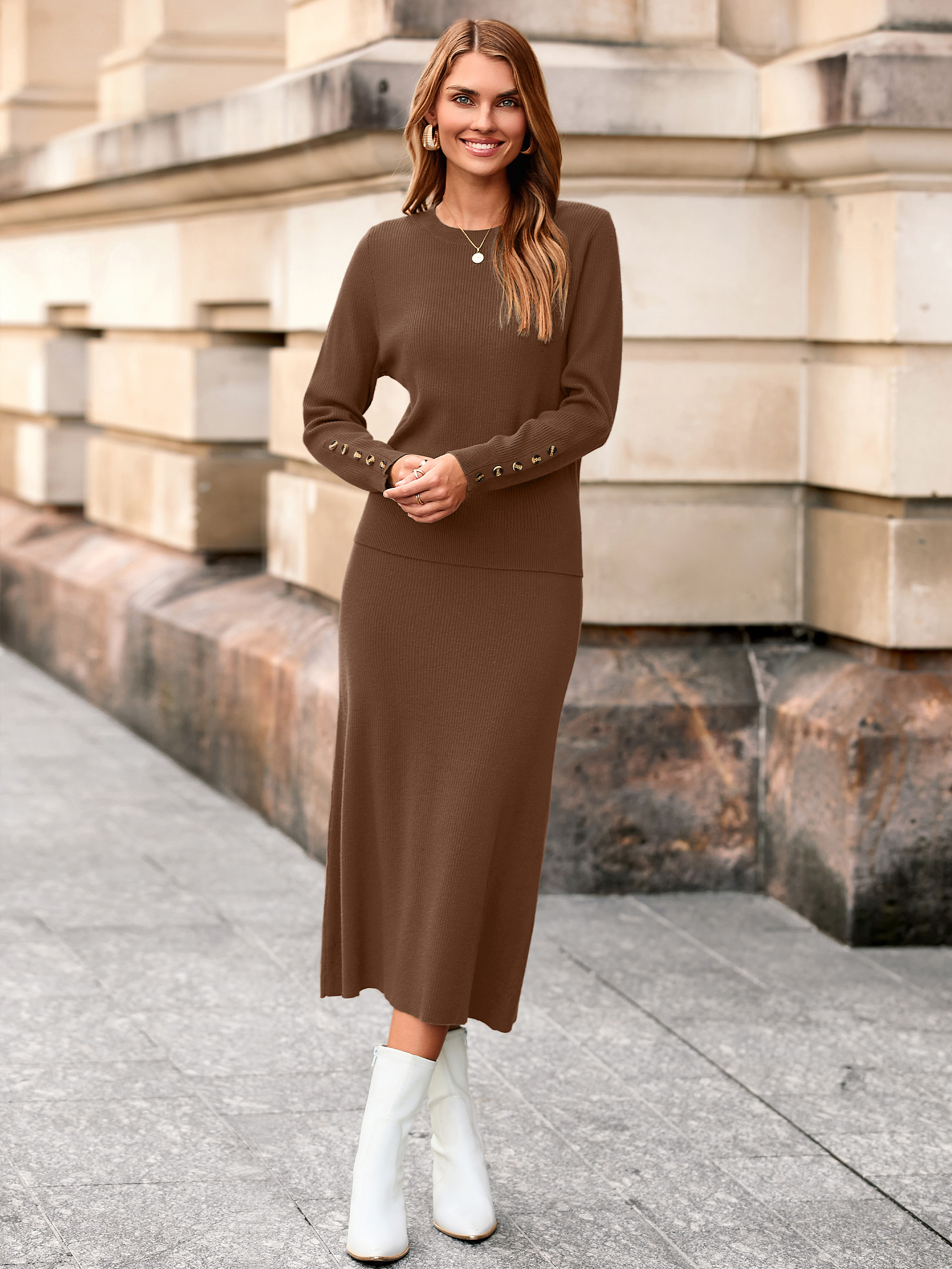 Ribbed Knit Crewneck Sweater Midi Skirt Set