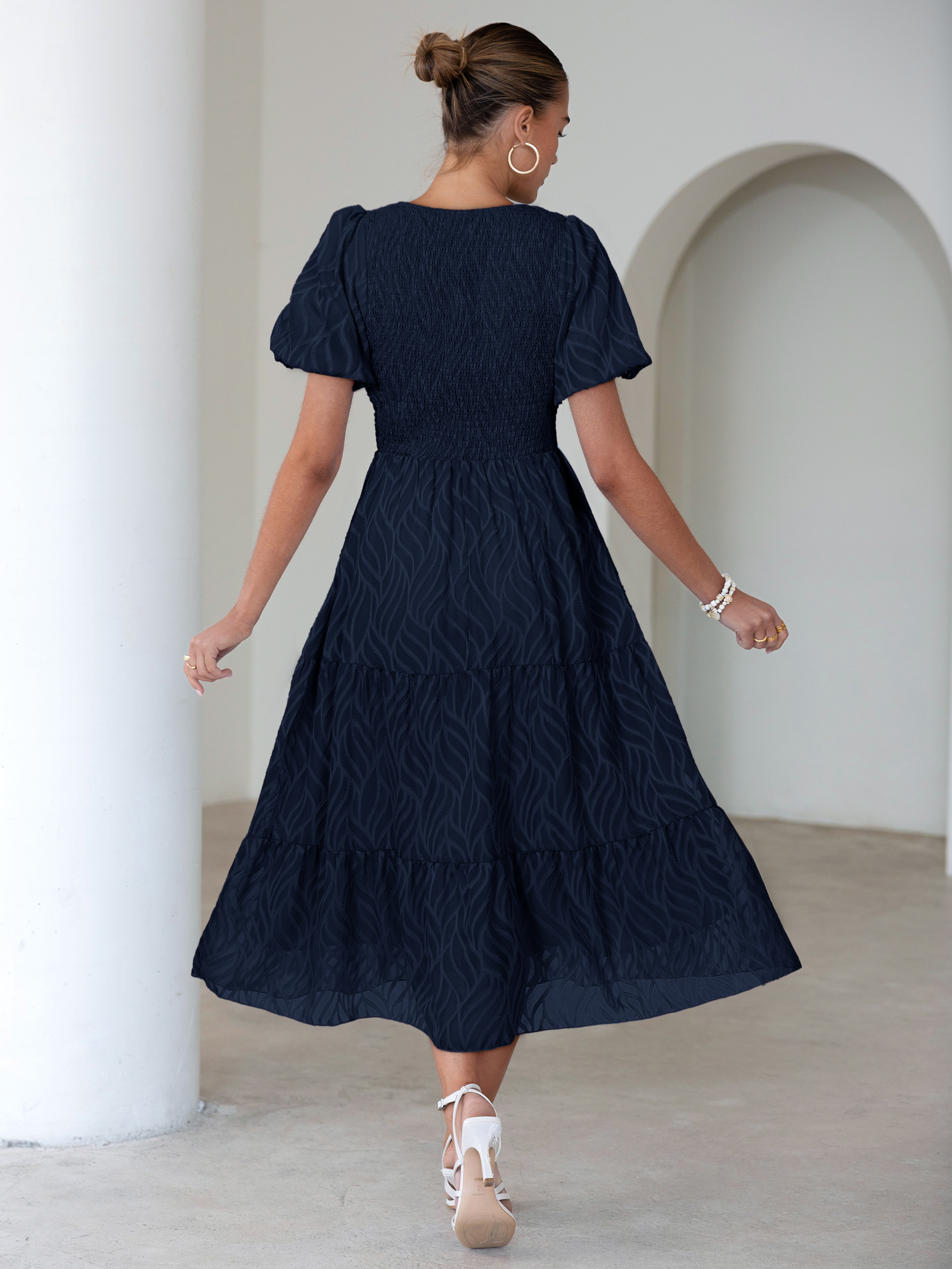 Puff Sleeve A Line Tiered Chiffon Maxi Dress