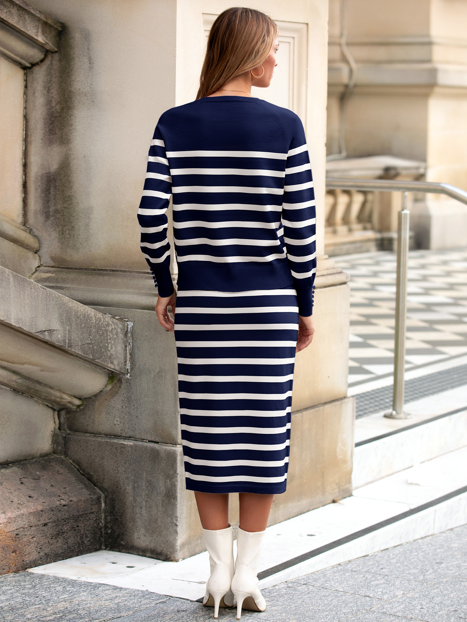 Striped Knit Sweater Skirt Two Piece Set