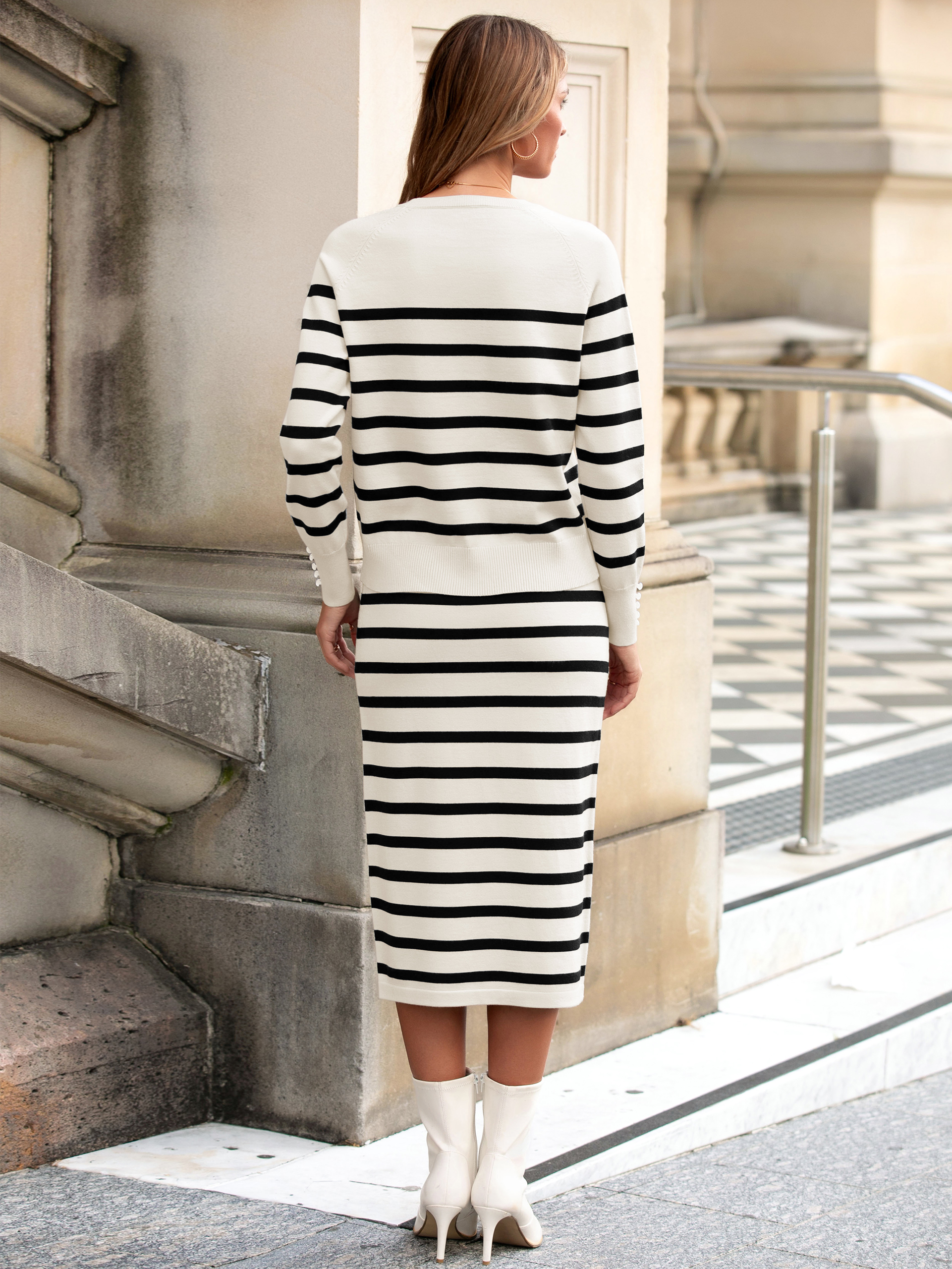 Striped Knit Sweater Skirt Two Piece Set