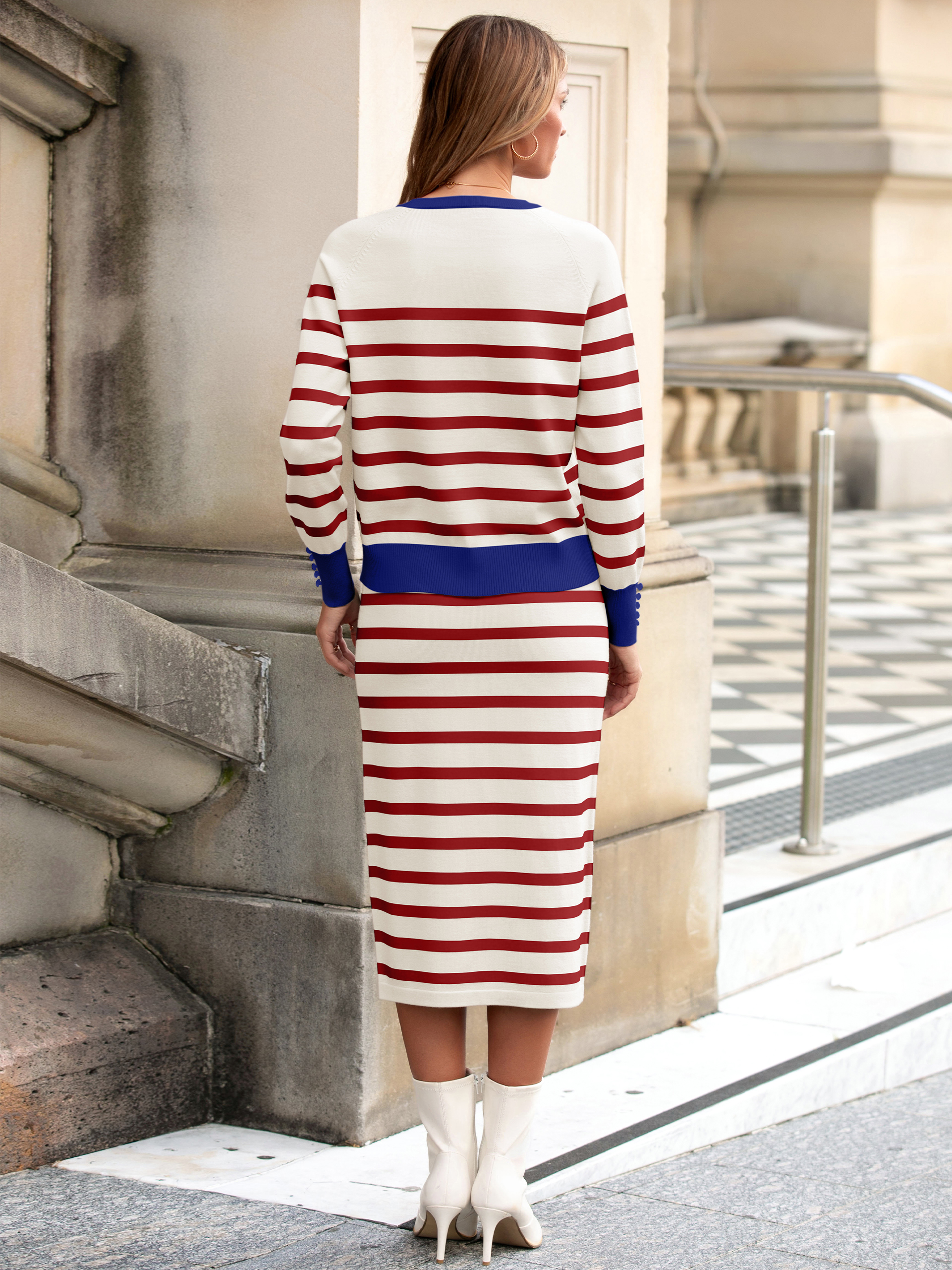 Striped Knit Sweater Skirt Two Piece Set