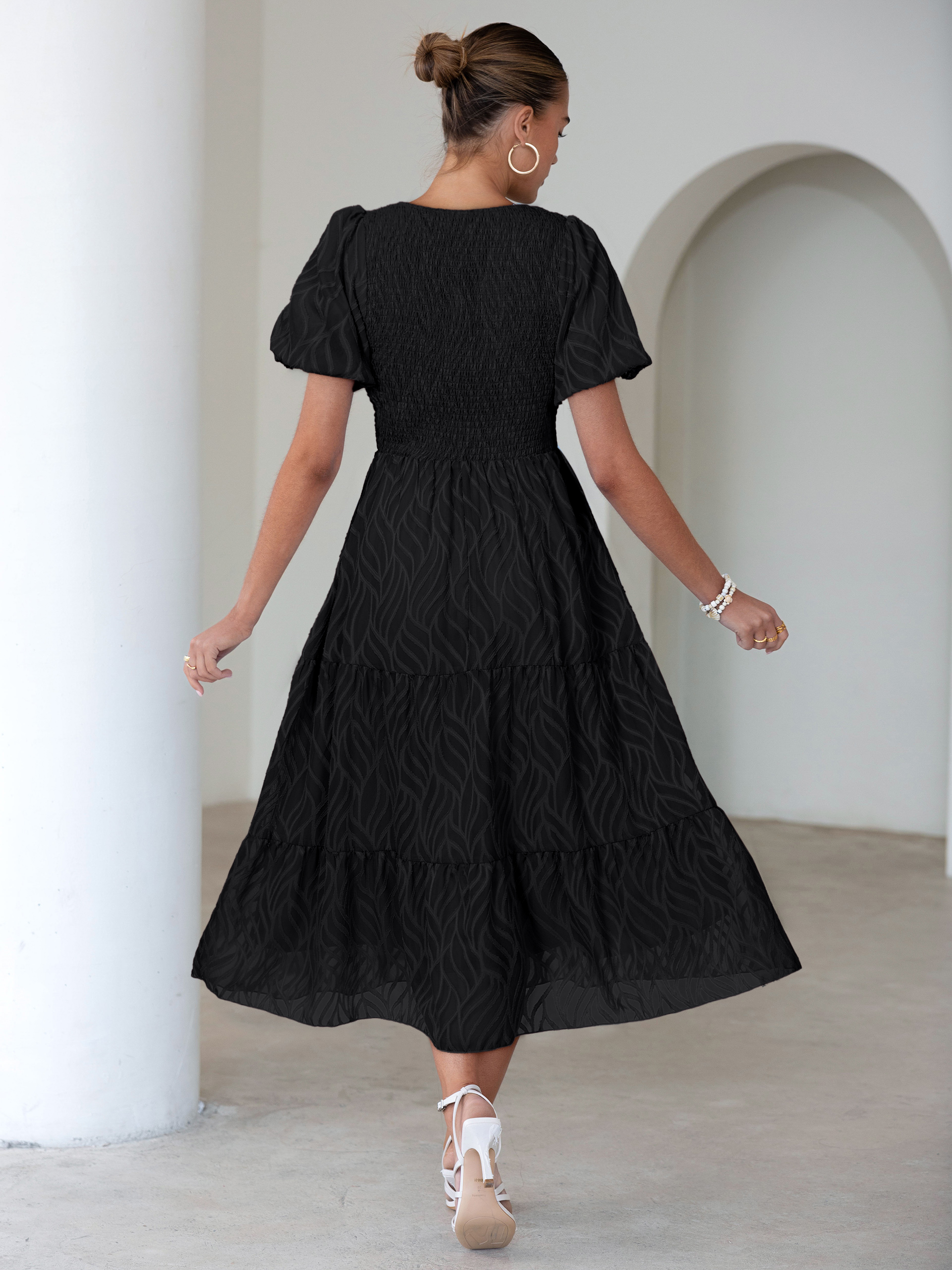 Puff Sleeve A Line Tiered Chiffon Maxi Dress