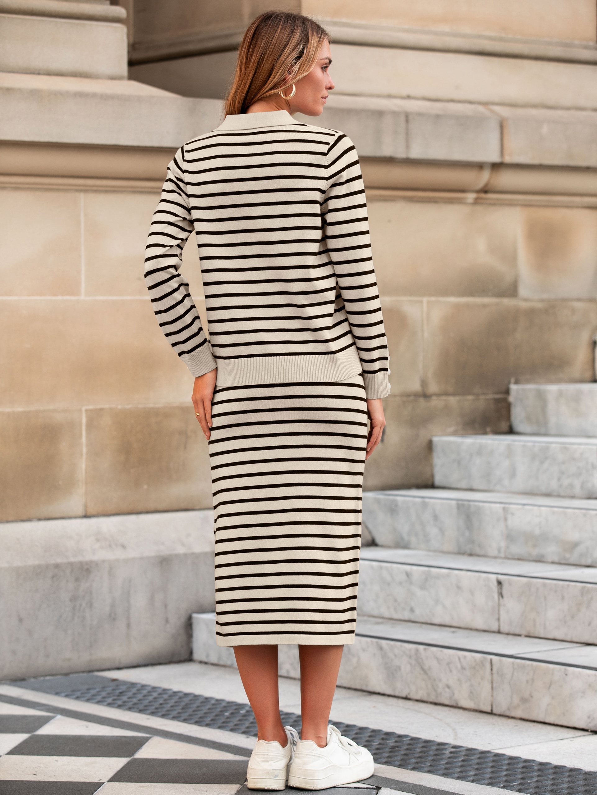 Striped Polo Neck Knitted Two Piece Skirt Sets
