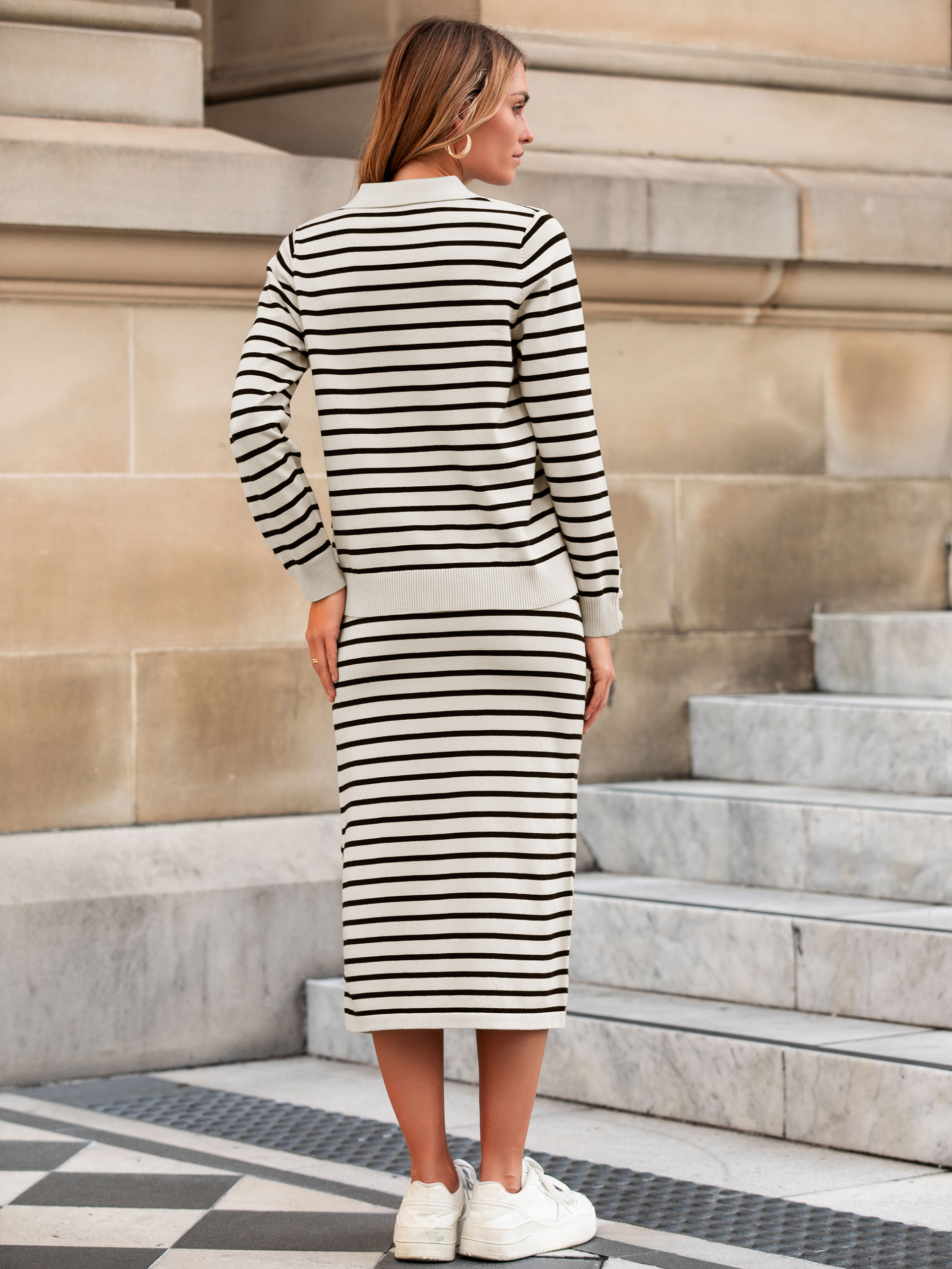 Striped Polo Neck Knitted Two Piece Skirt Sets