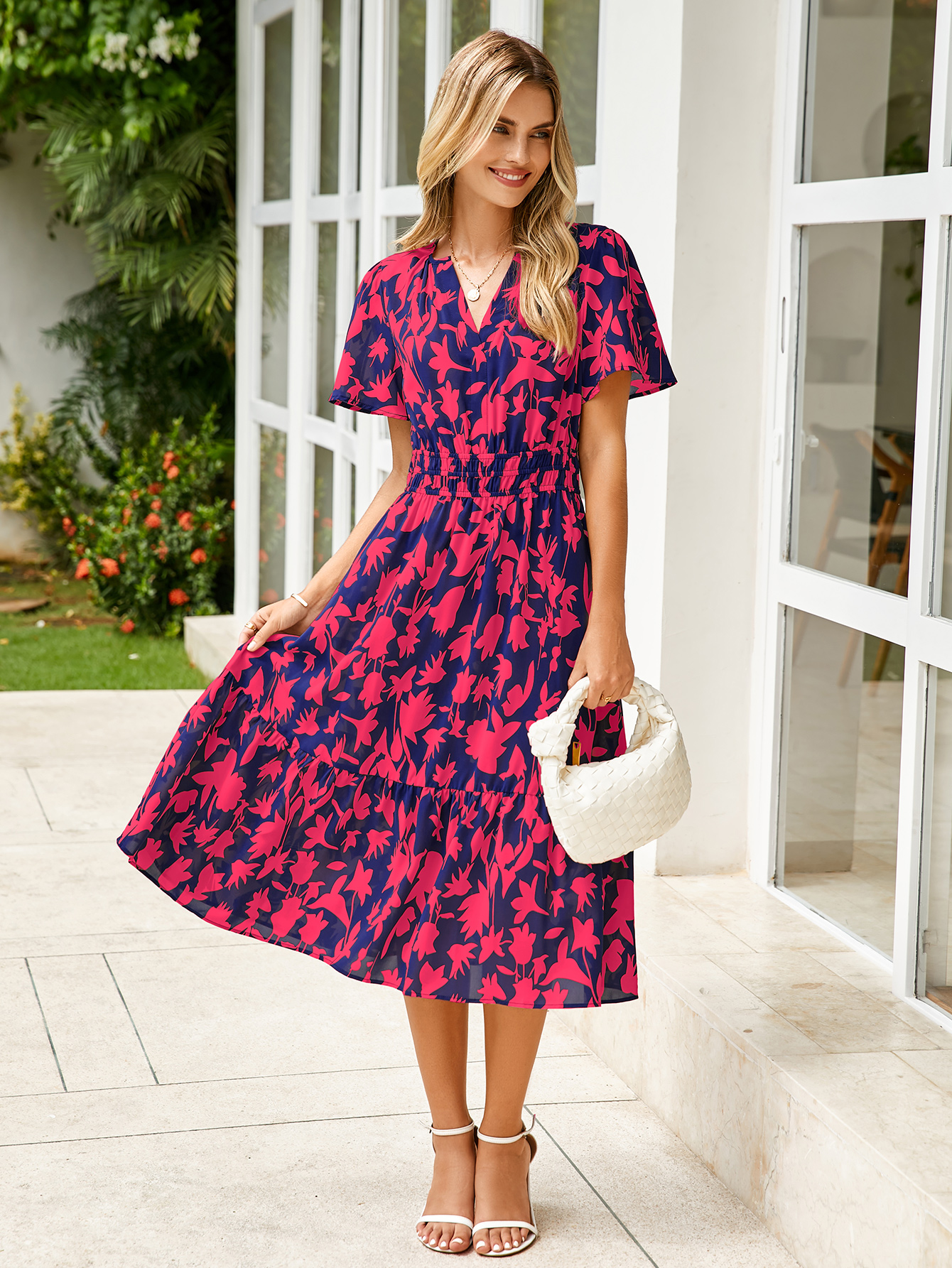 Boho Floral Smocked Waist Tiered Midi Dress - Red Floral