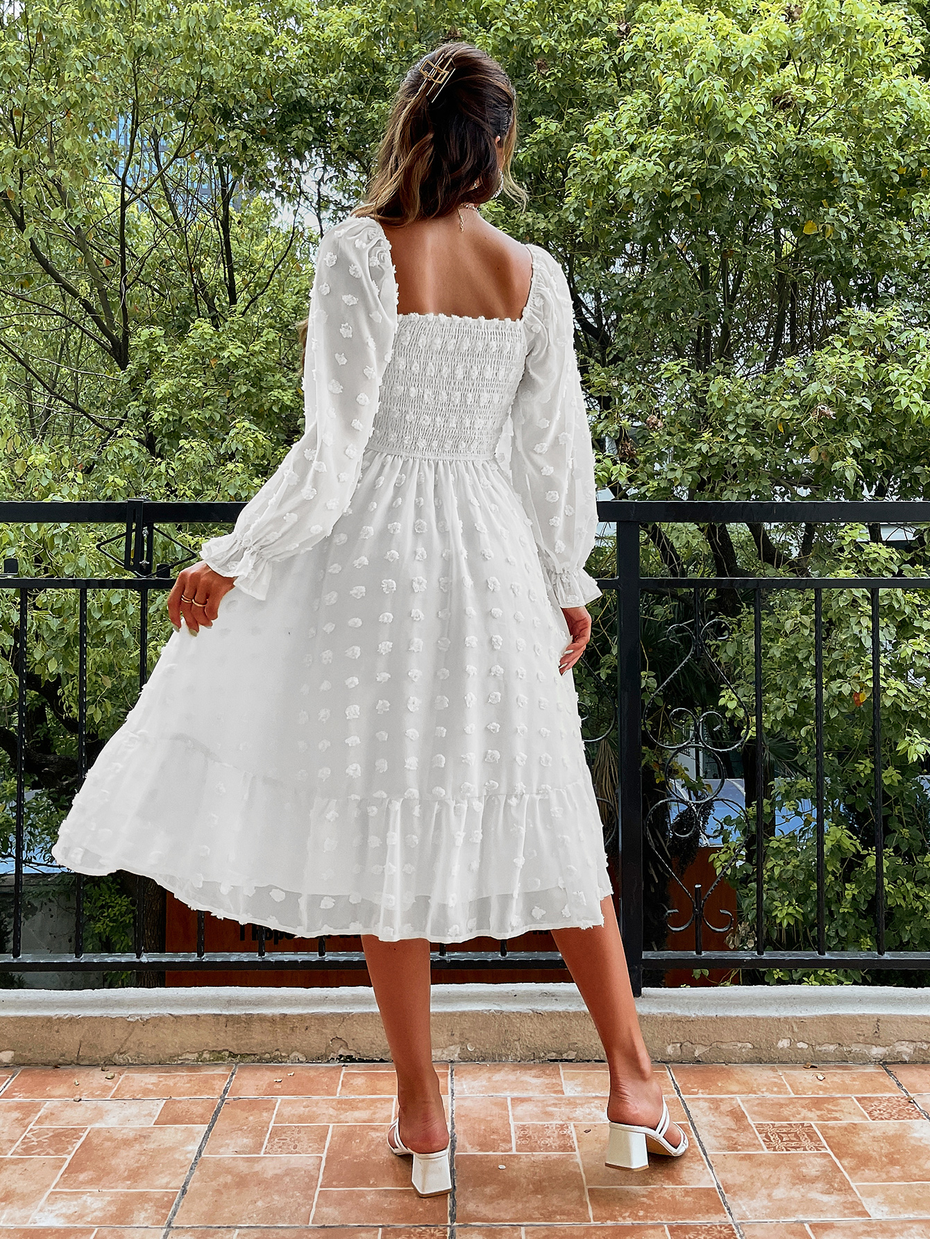 Square Neck Swiss Dot Long Sleeve Shirred Midi Dress - White