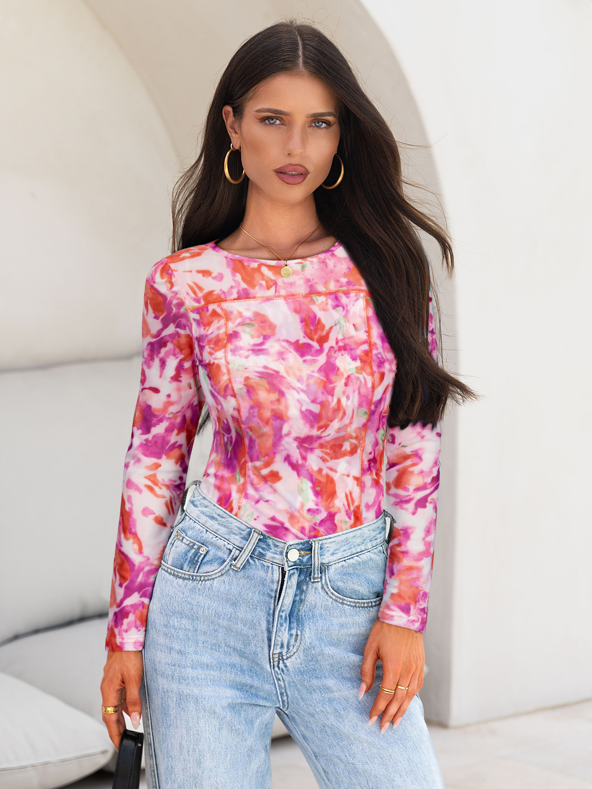 Floral Print Crewneck Sheer Mesh Long Sleeve Top