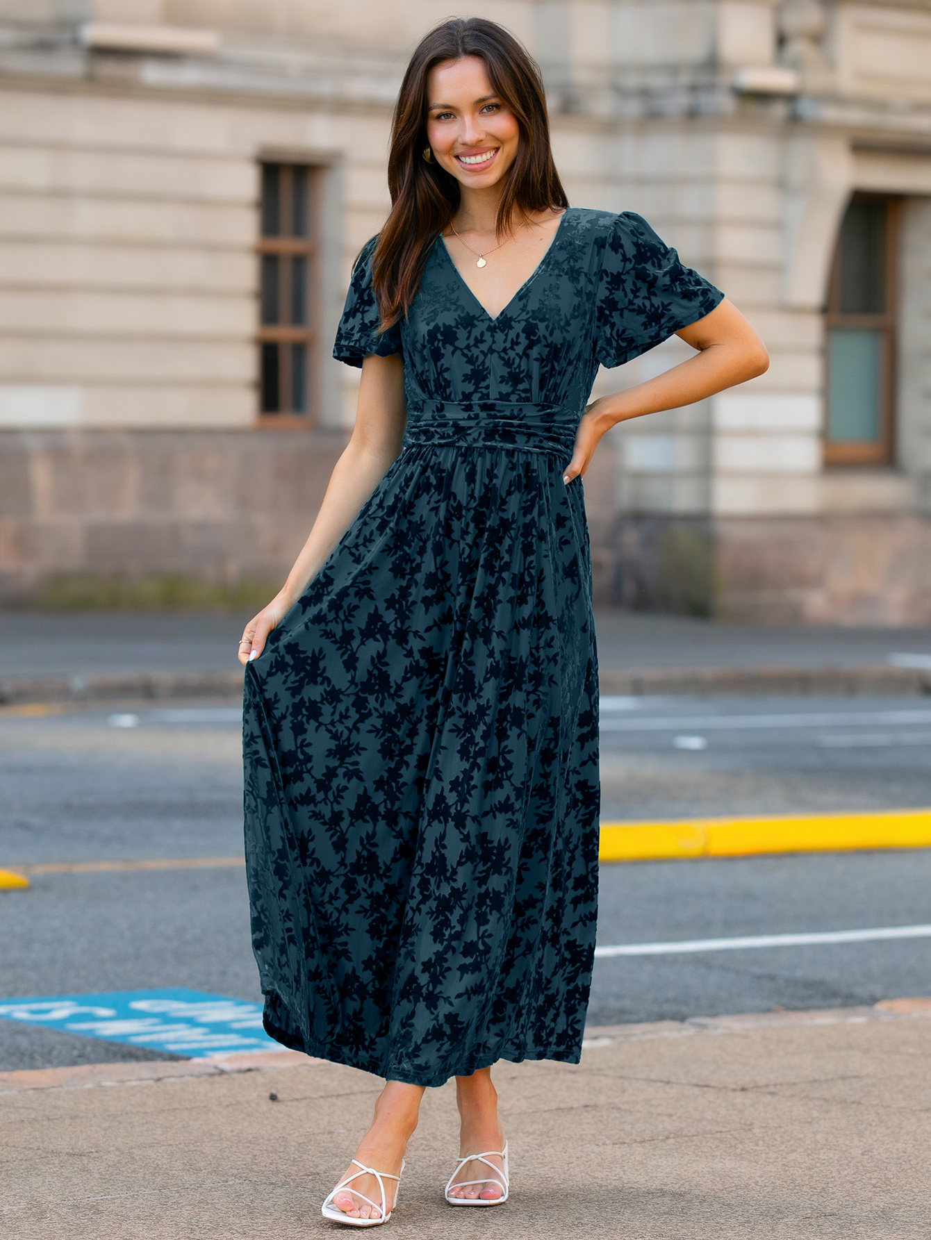 Velvet Floral Slit V-Neck Flutter Sleeve Maxi Dress - Dark Blue
