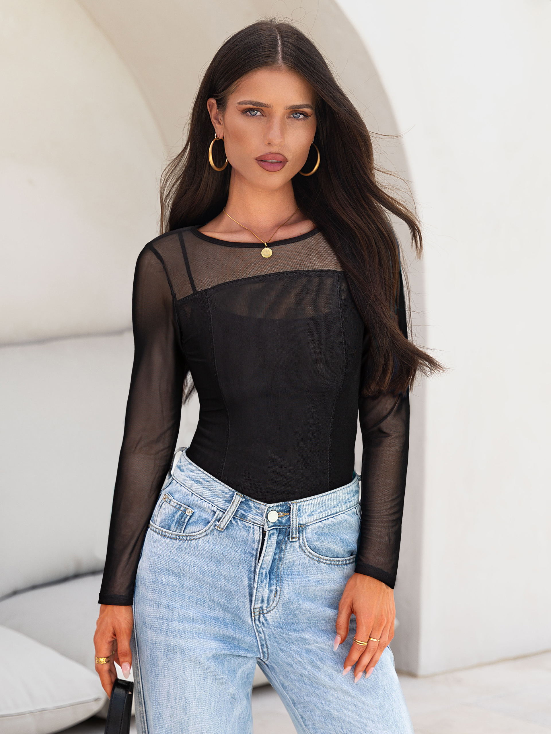 Mesh Patchwork Long Sleeve Slim Fit Chic Top