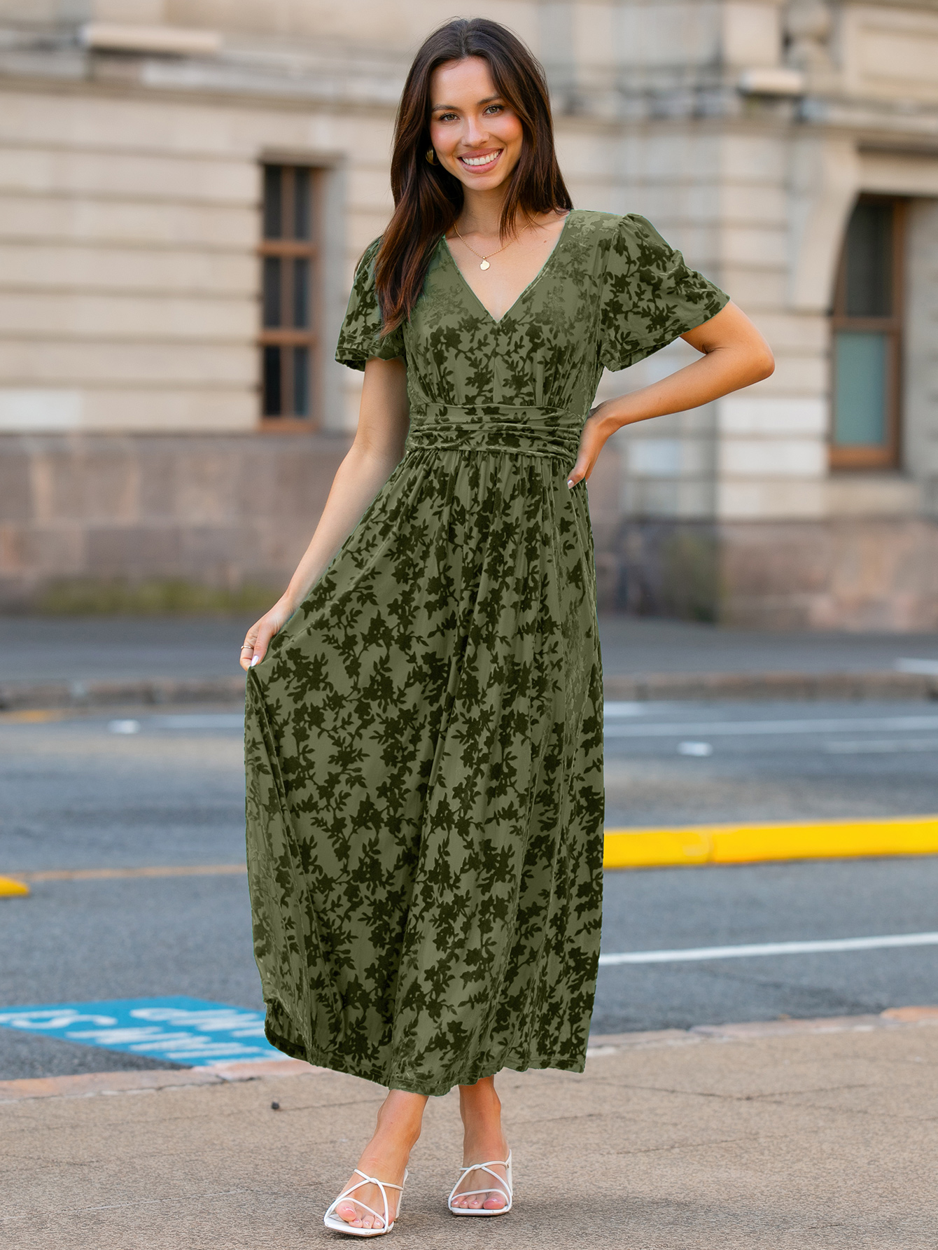 Velvet Floral Slit V-Neck Flutter Sleeve Maxi Dress - Army Green