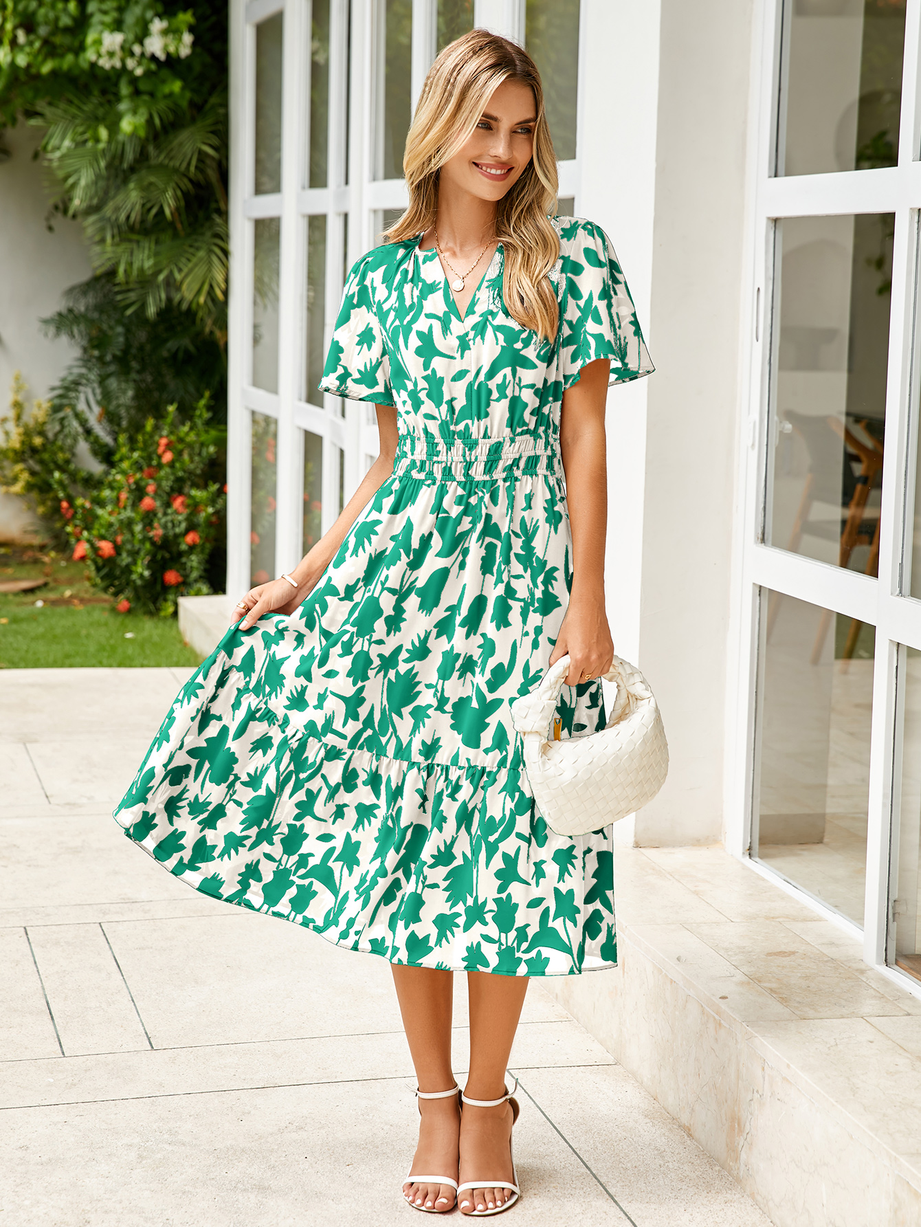 Boho Floral Smocked Waist Tiered Midi Dress - Light Green Floral