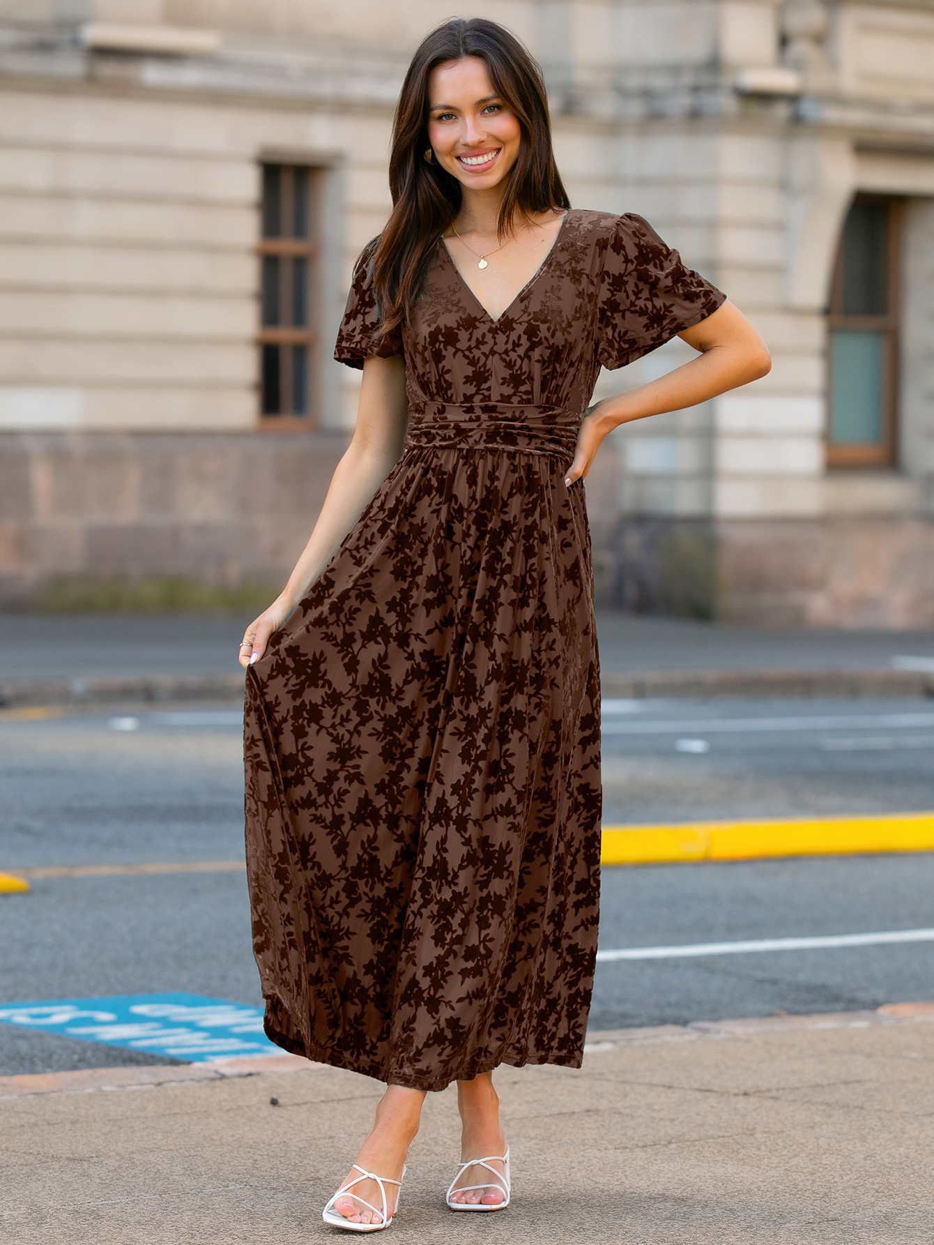 Velvet Floral Slit V-Neck Flutter Sleeve Maxi Dress - Brown