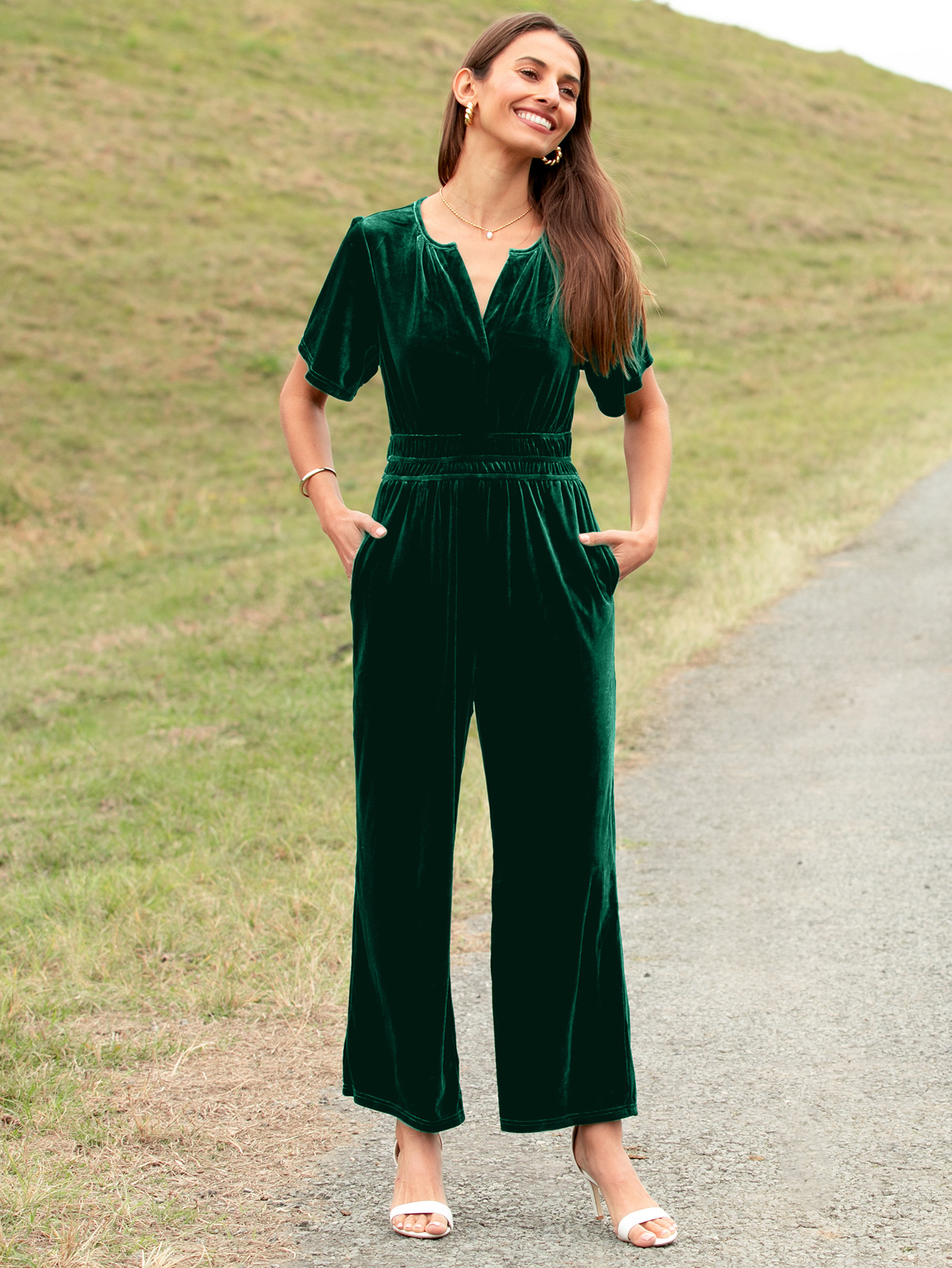 Velvet Short Sleeve V Neck Wide Leg Jumpsuit