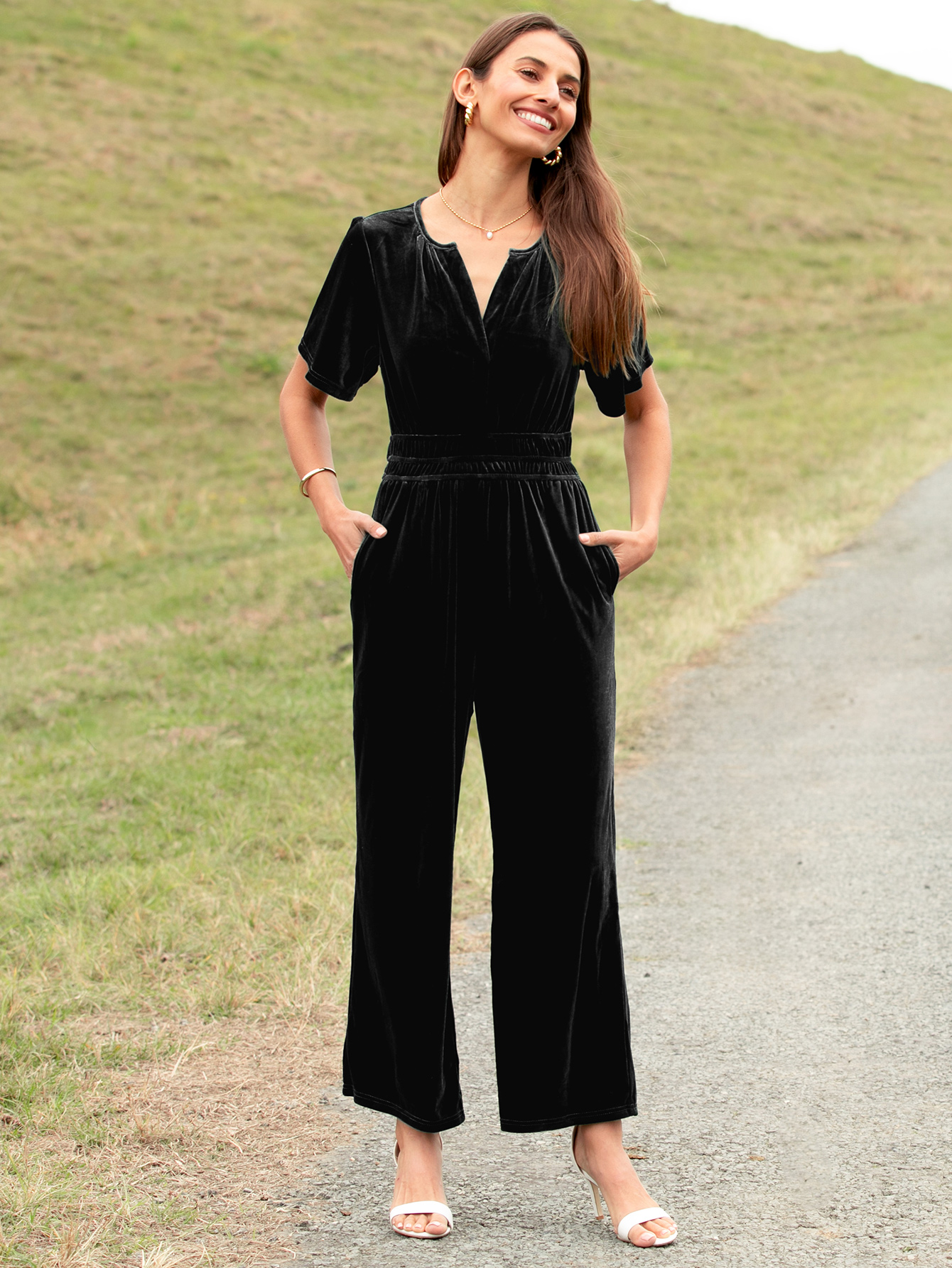 Velvet Short Sleeve V Neck Wide Leg Jumpsuit
