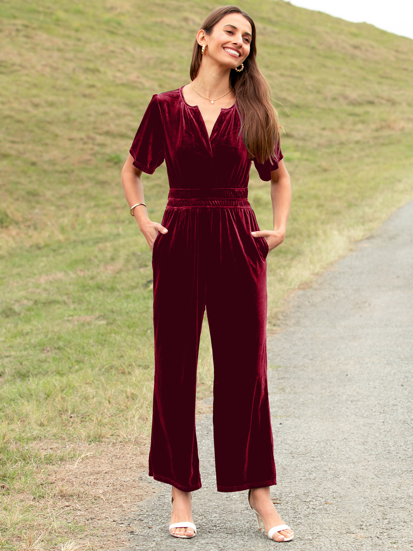 Velvet Short Sleeve V Neck Wide Leg Jumpsuit