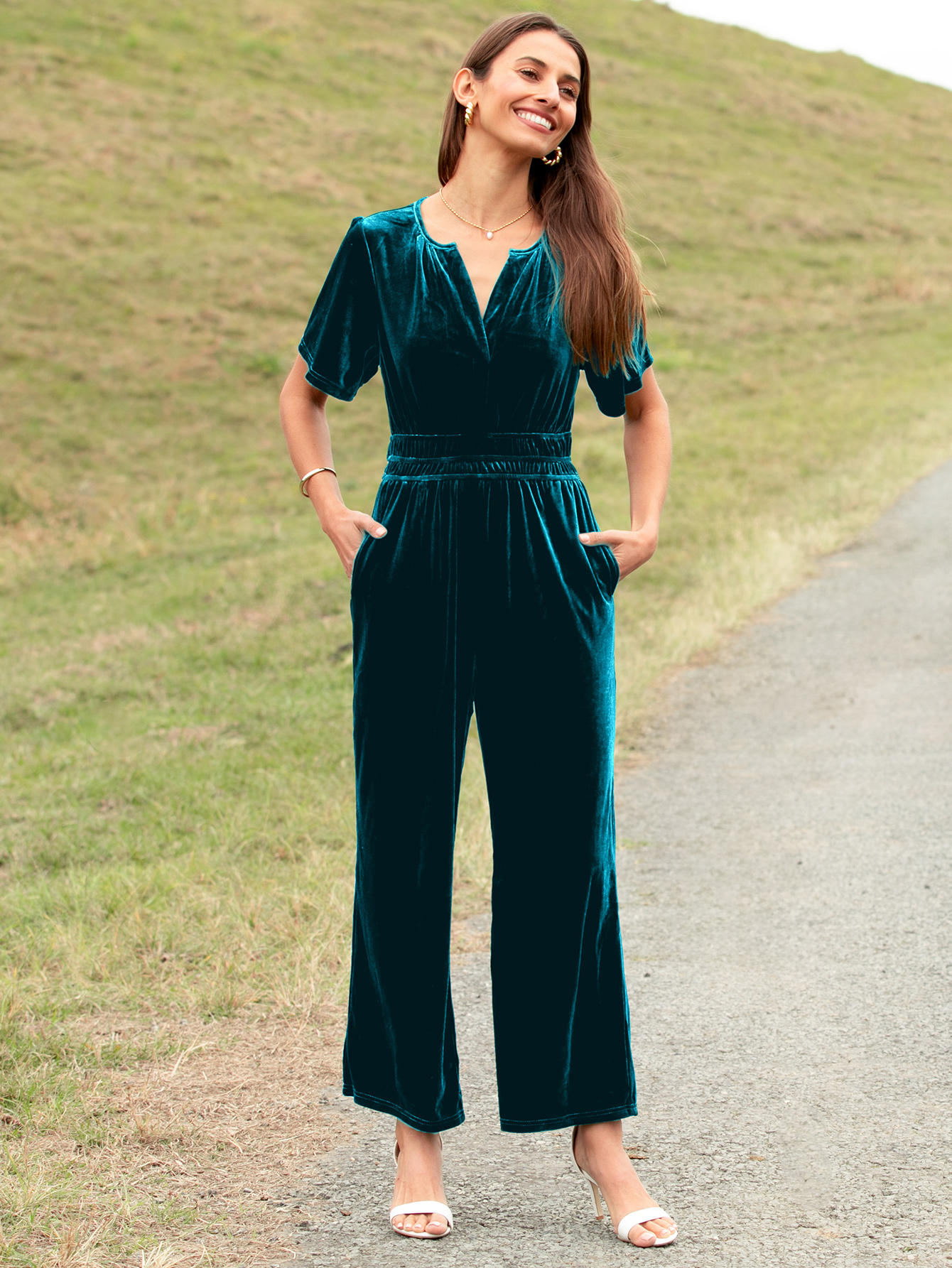 Velvet Short Sleeve V Neck Wide Leg Jumpsuit