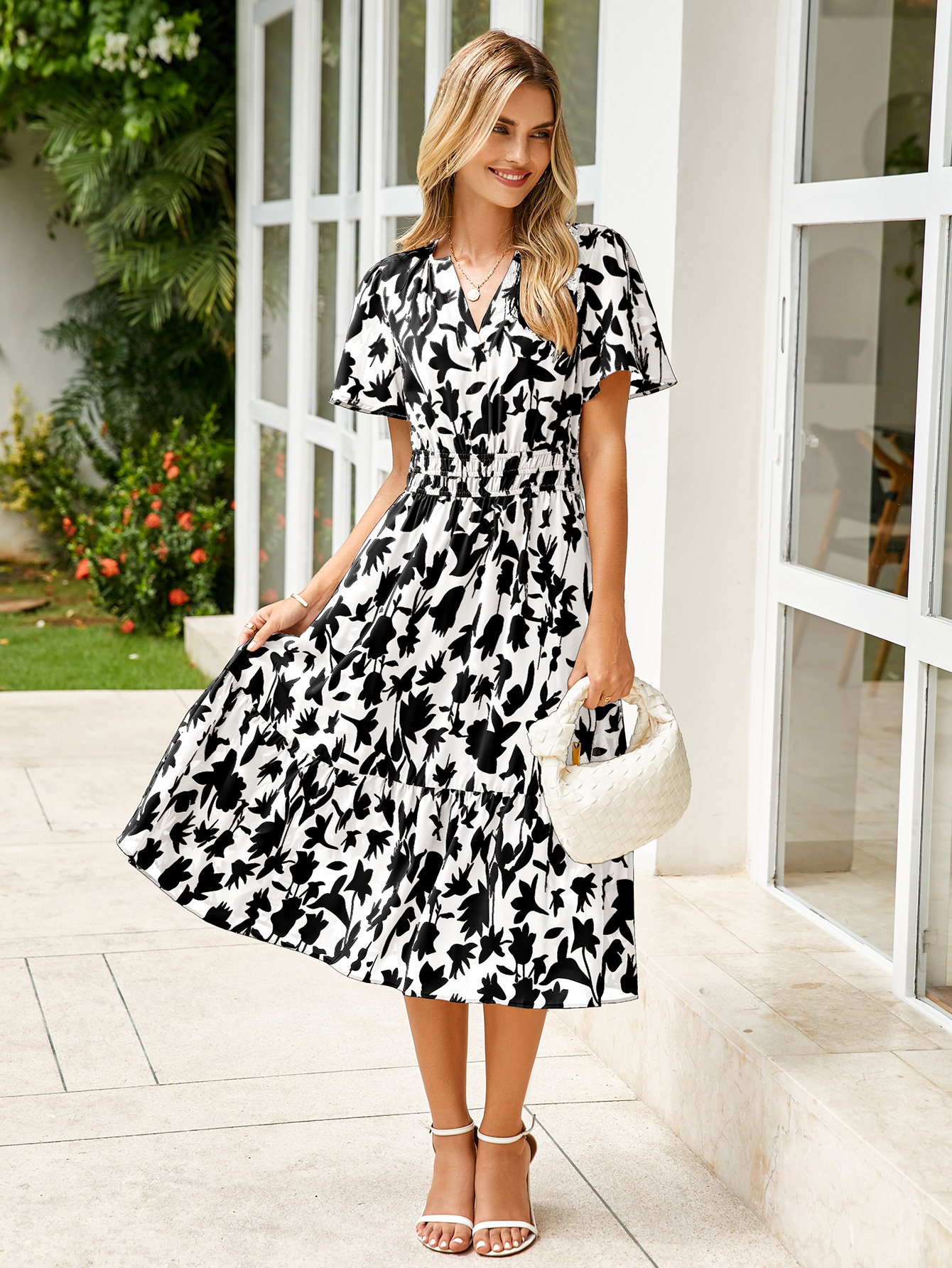 Boho Floral Smocked Waist Tiered Midi Dress - Black Floral