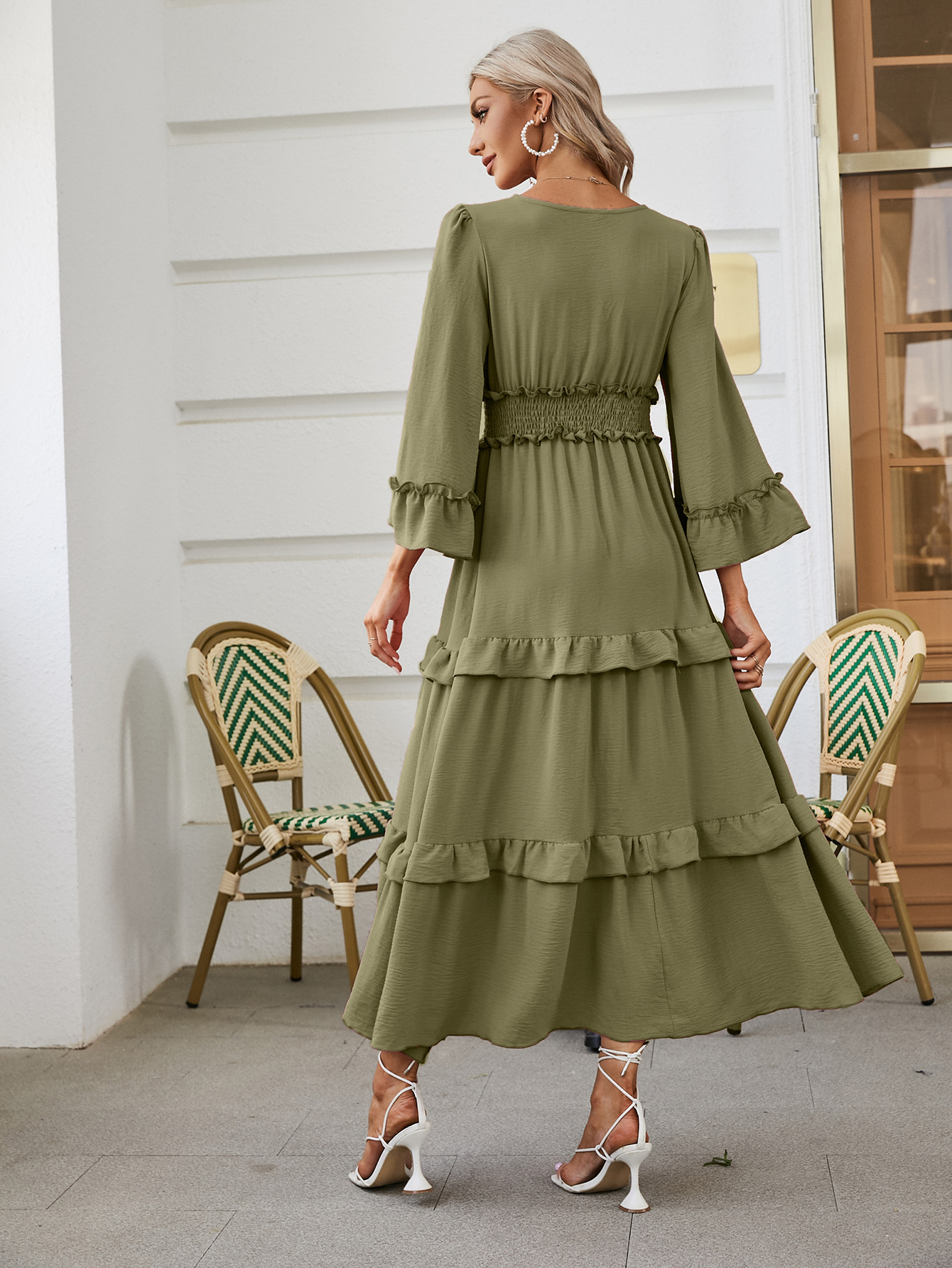 Long Sleeve Tiered Ruffle Smocked Flare Maxi Dress