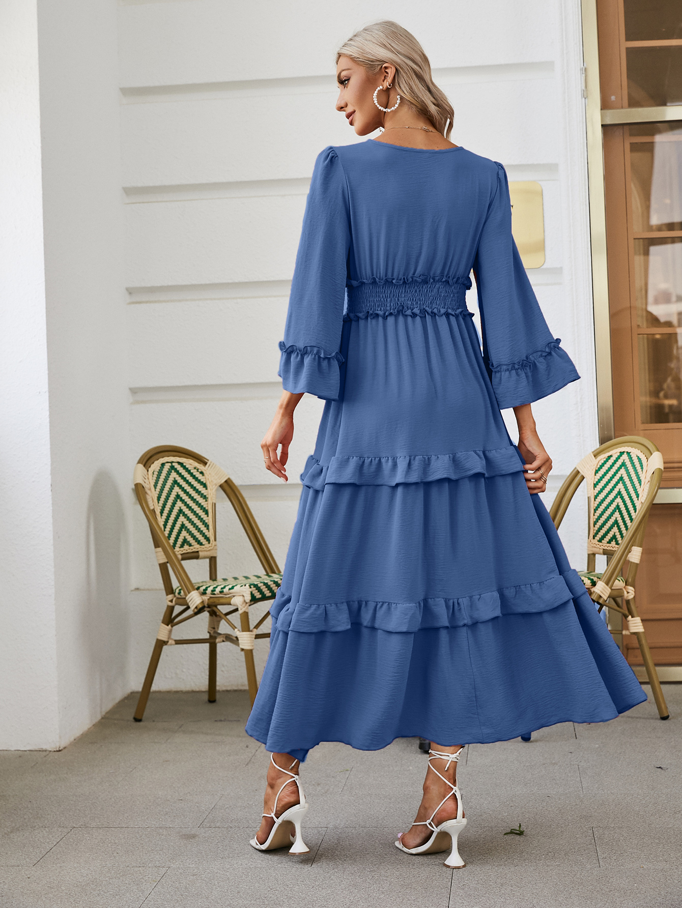 Long Sleeve Tiered Ruffle Smocked Flare Maxi Dress