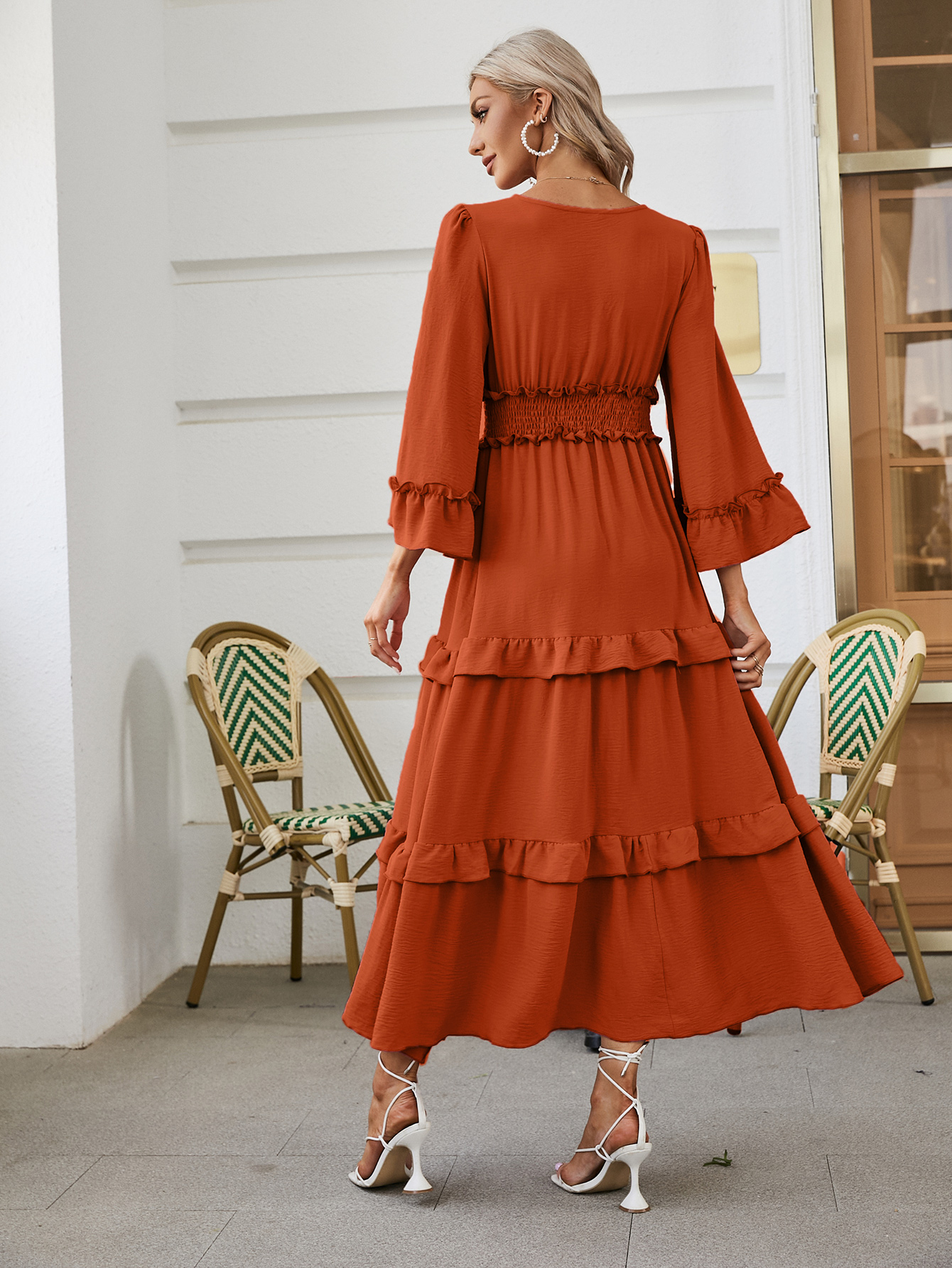 Long Sleeve Tiered Ruffle Smocked Flare Maxi Dress