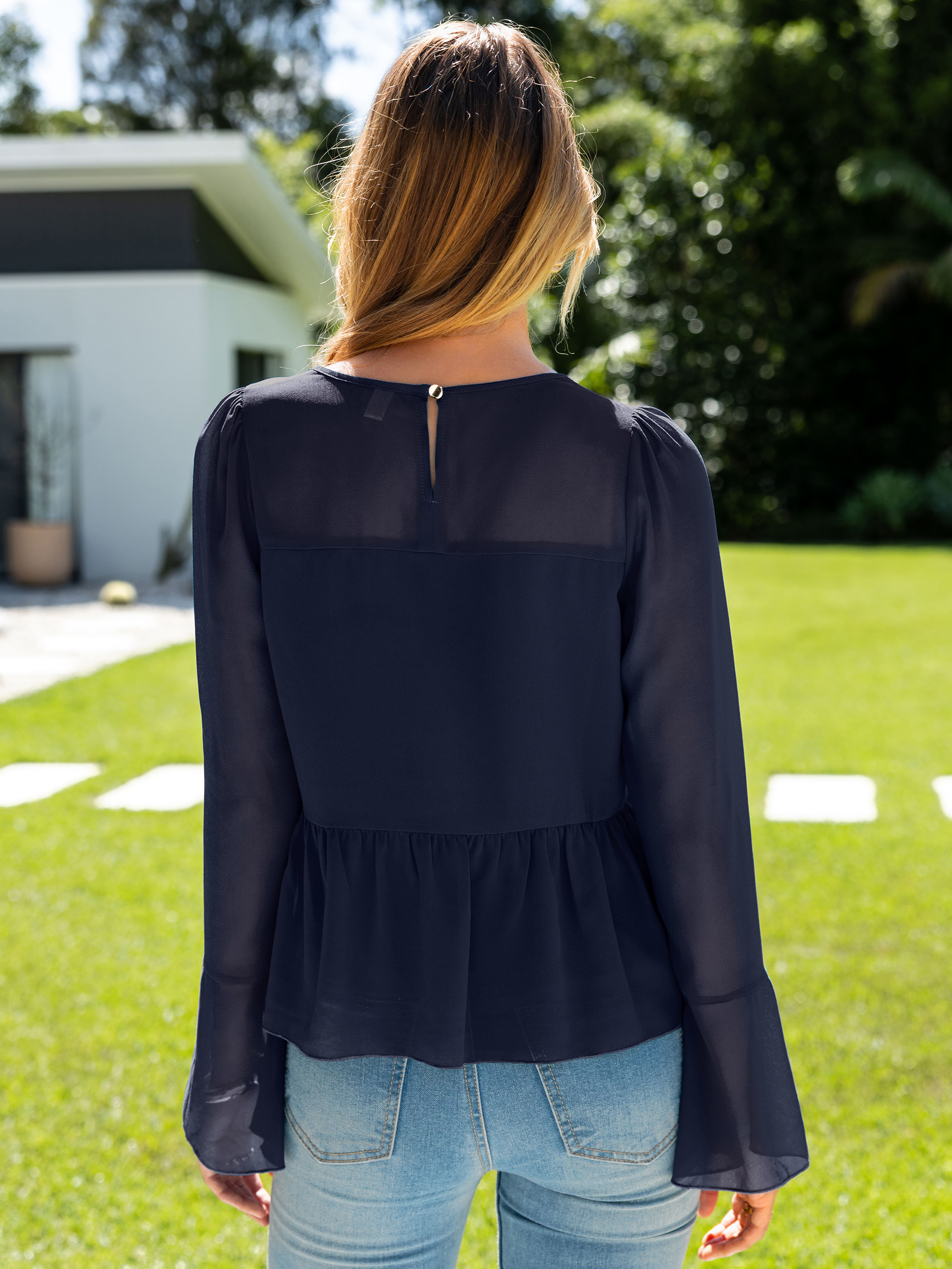 Round Neck Ruffle Peplum Chiffon Blouse