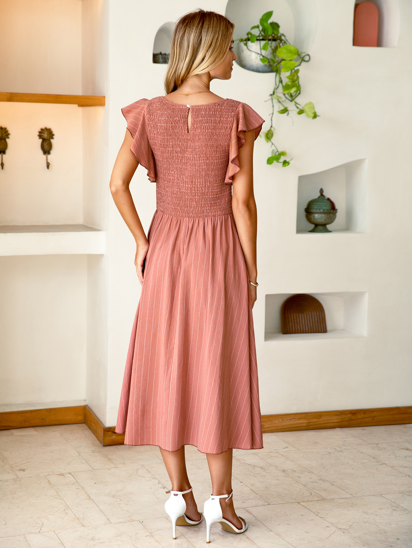 Ruffle Sleeve Smocked Square Neck Striped Midi Dress - Rust Stripe