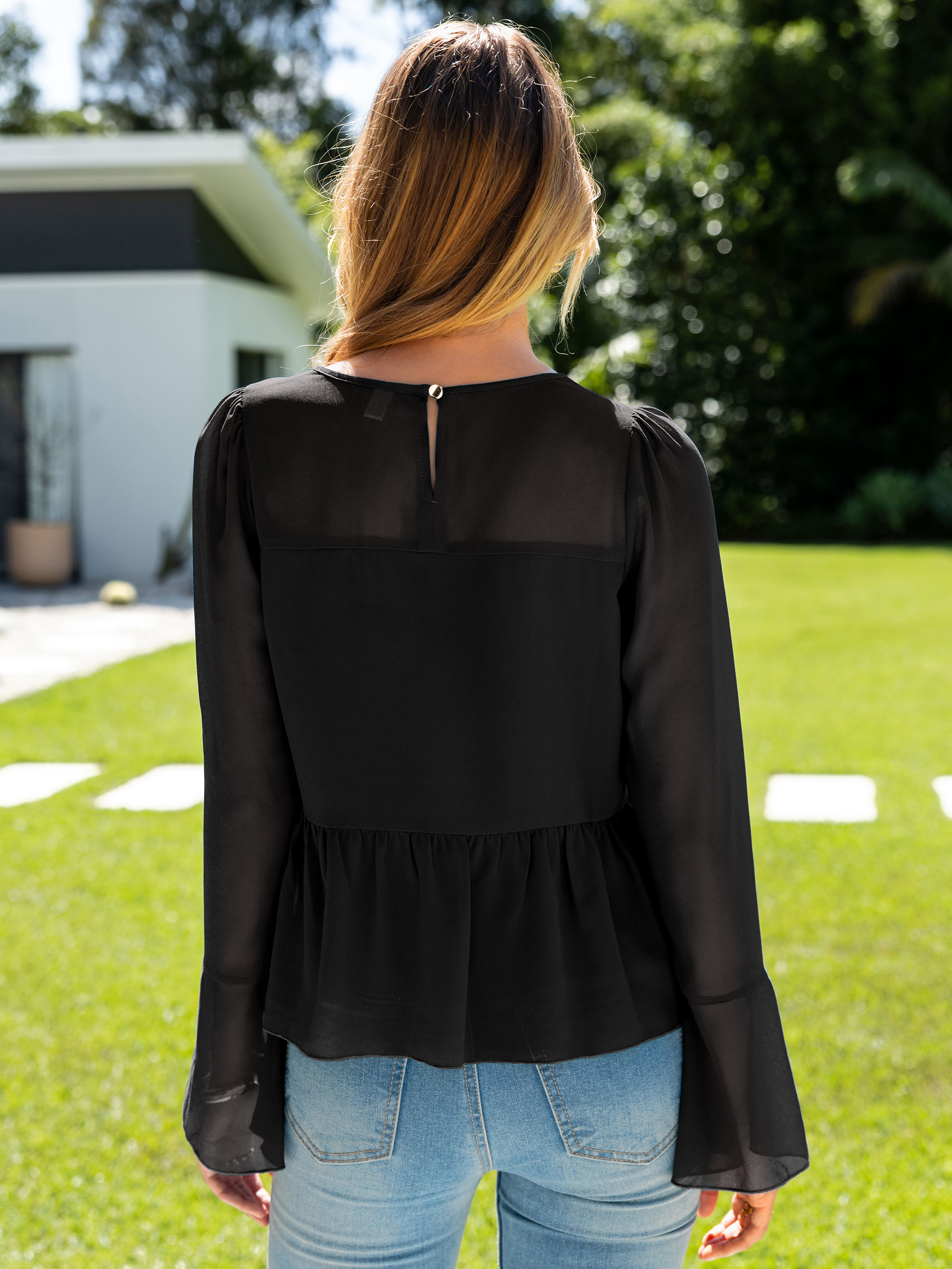 Round Neck Ruffle Peplum Chiffon Blouse