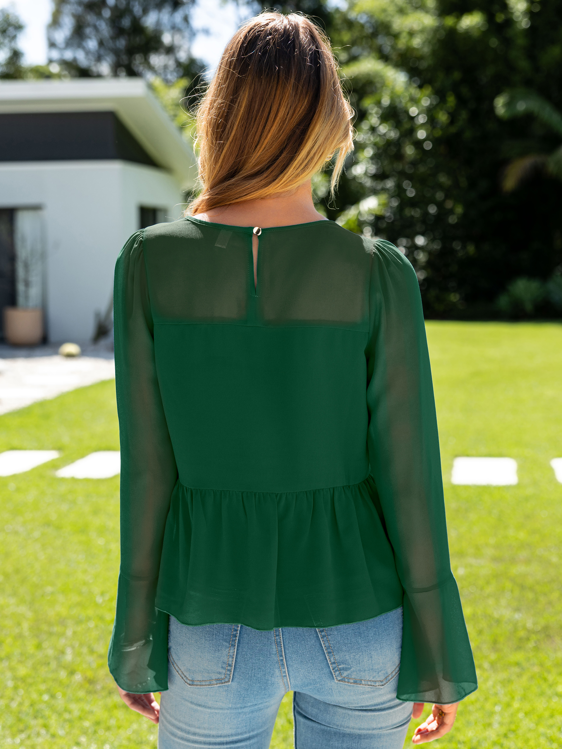 Round Neck Ruffle Peplum Chiffon Blouse